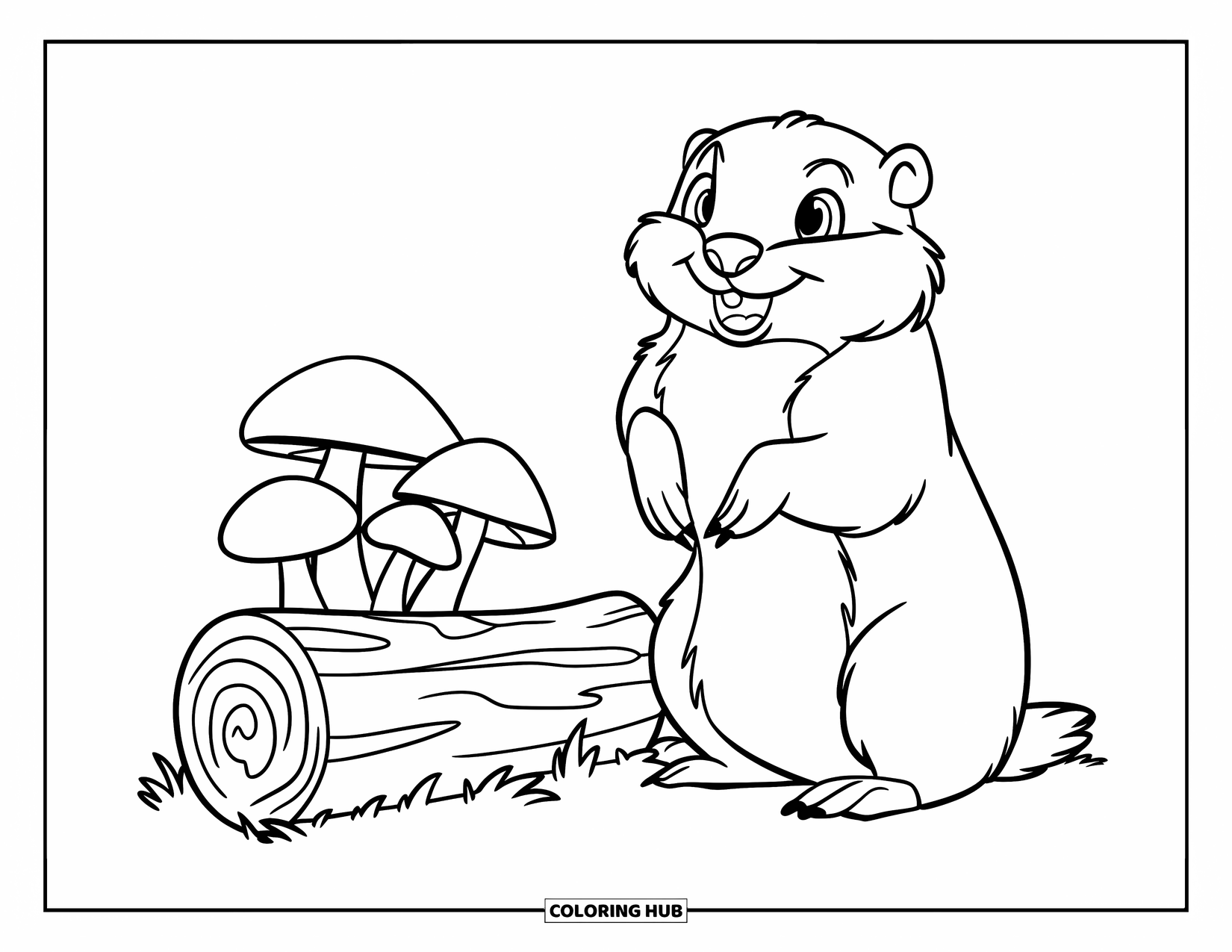Groundhog Coloring Page for Kids: Groundhog beside a log with mushrooms growing from it