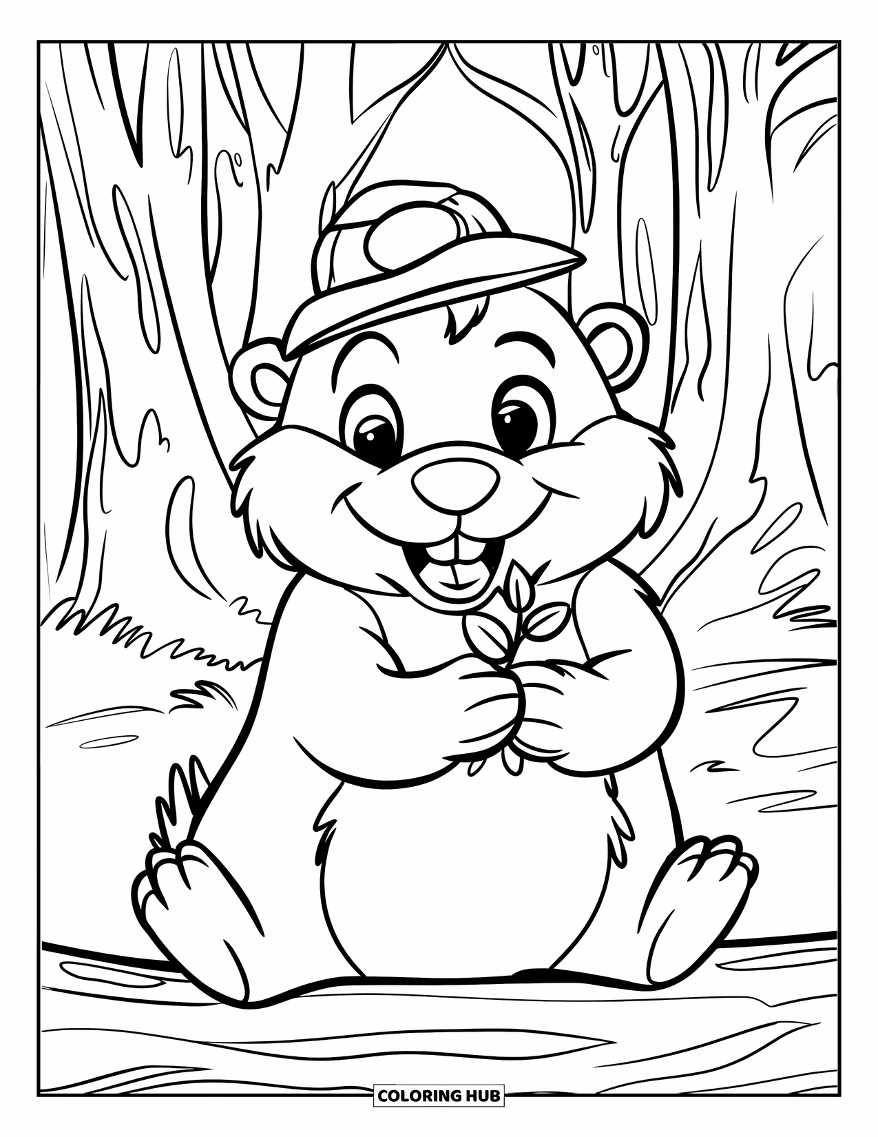 Groundhog Coloring Page for Kids: Groundhog in a green hat holding a sprout in a forest