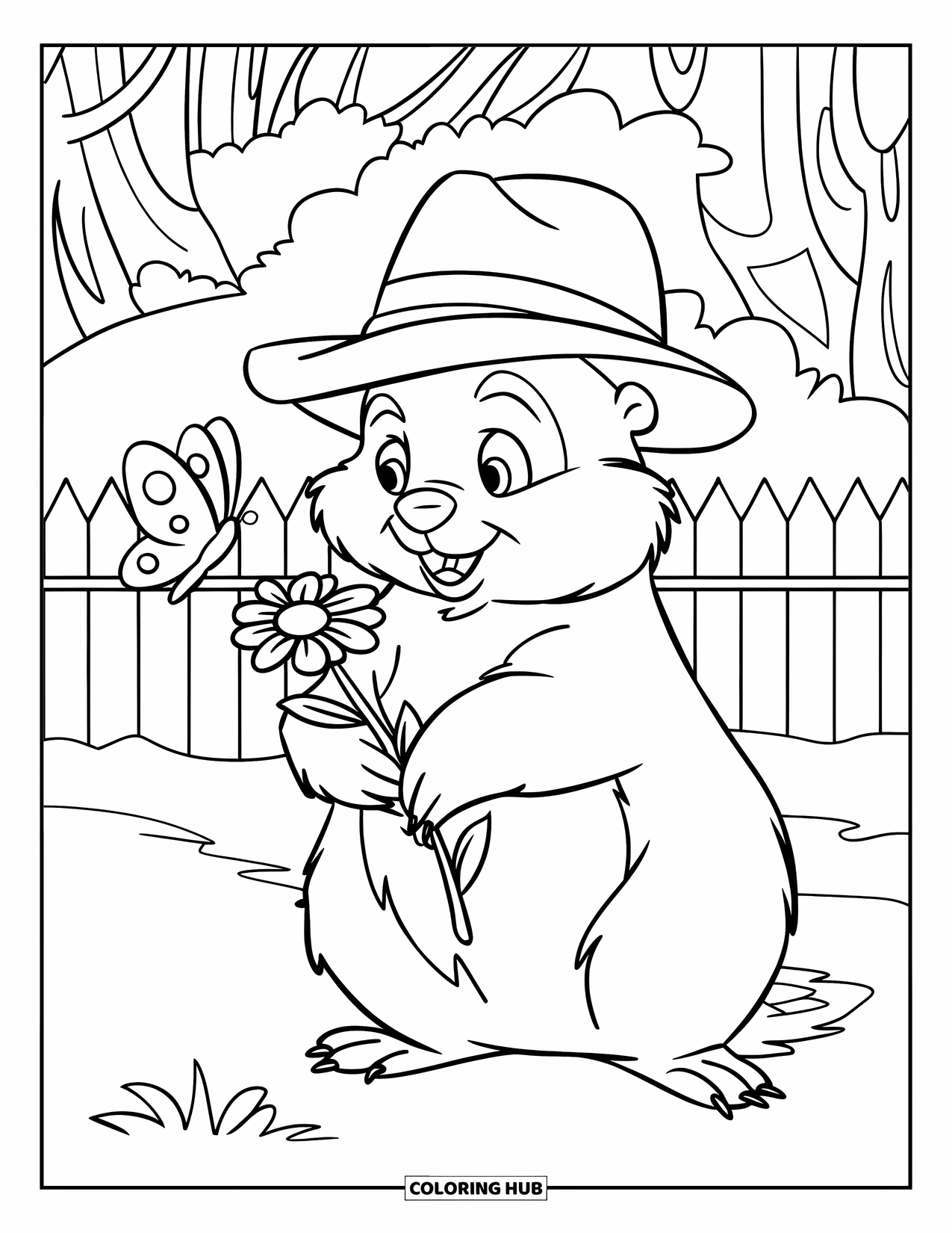 Groundhog Coloring Page for Kids: Groundhog in a hat holding a flower while watching a butterfly by a fence
