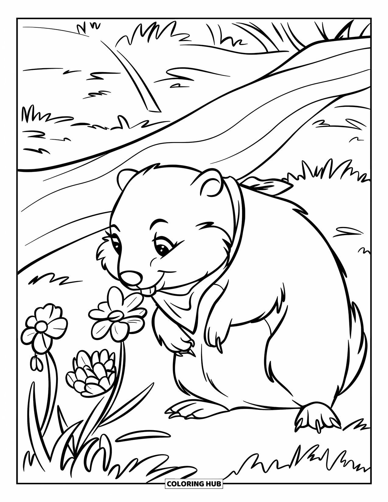 Groundhog Coloring Page for Kids: Groundhog in a neckerchief smelling wildflowers in a sunny field