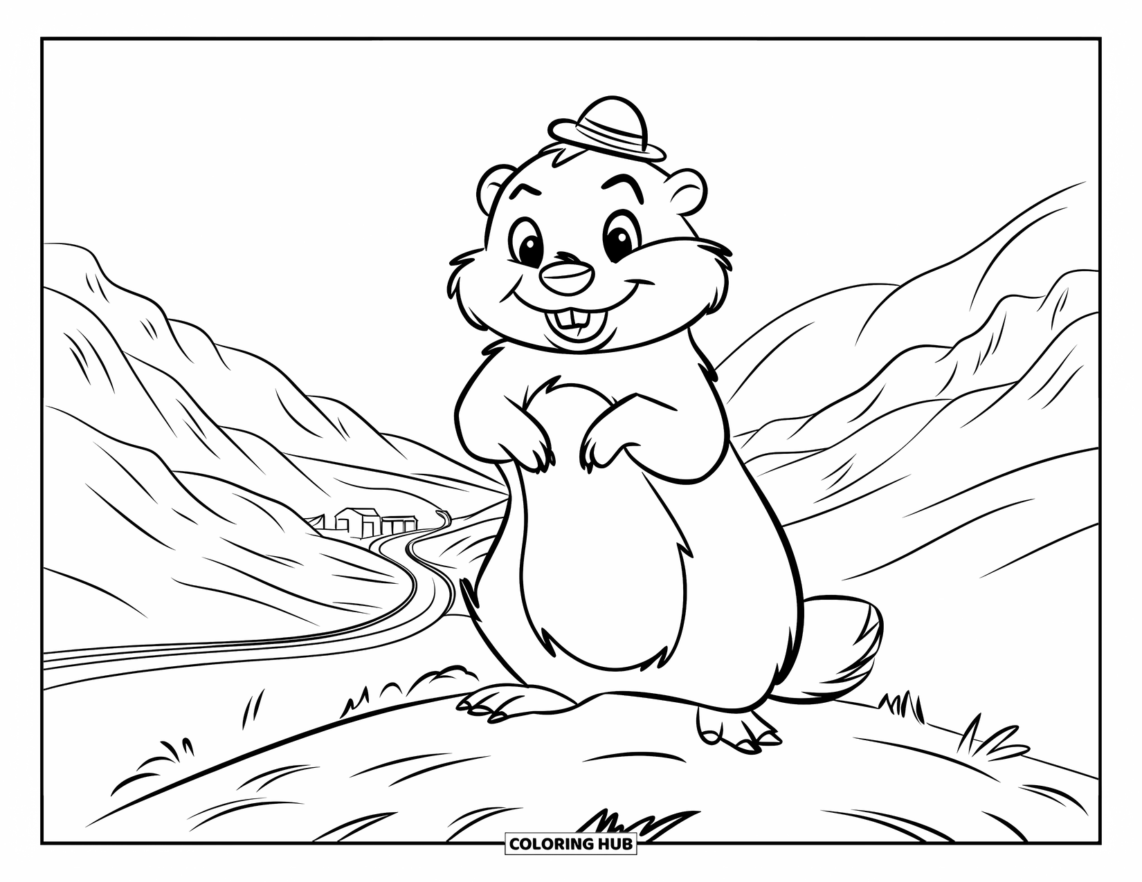 Groundhog Coloring Page for Kids: Groundhog in a tiny hat overlooking a valley with winding road