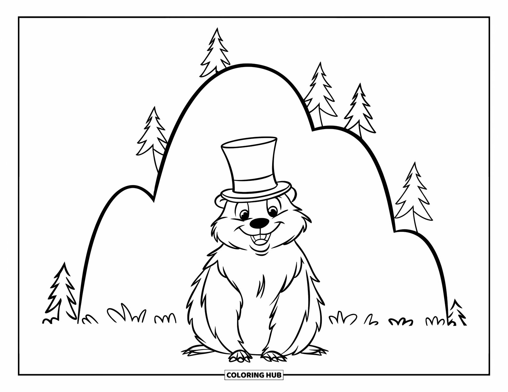 Groundhog Coloring Page for Kids: Groundhog in a top hat smiling in front of a hill
