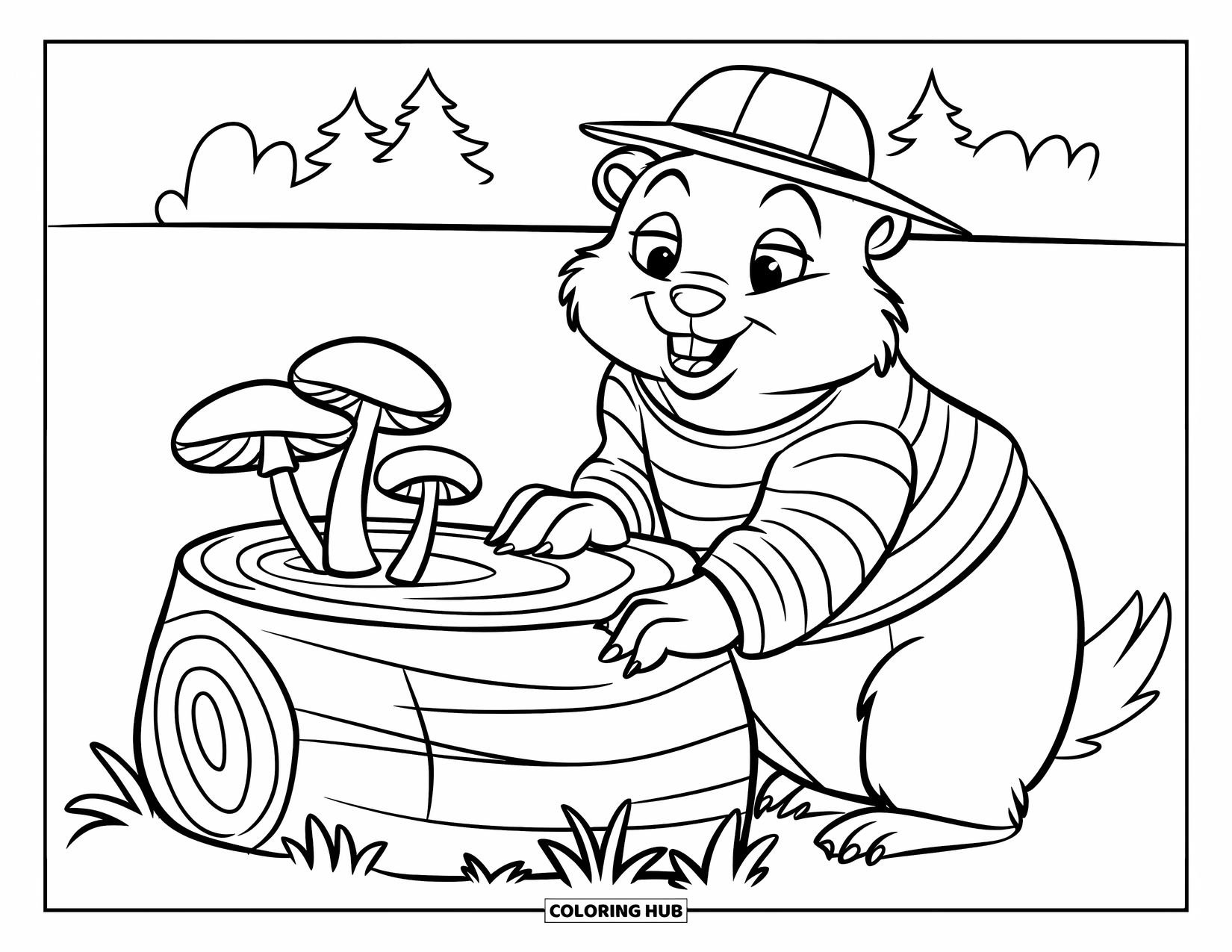 Groundhog Coloring Page for Kids: Groundhog in striped shirt and hat beside mushroom-covered log