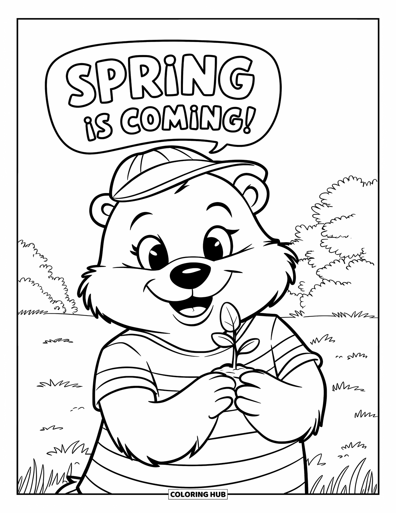 Groundhog Coloring Page for Kids: Groundhog in striped shirt holding a sprout saying "Spring is coming!"