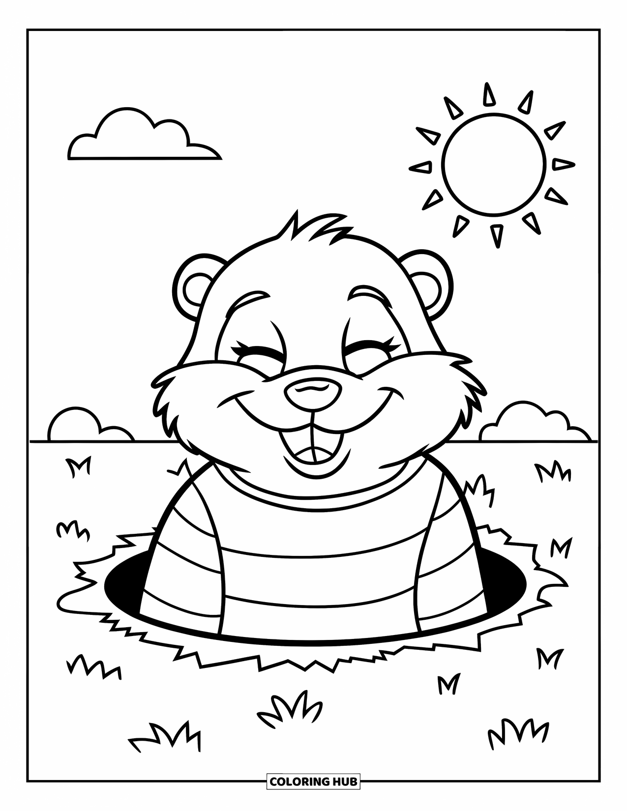 Groundhog Coloring Page for Kids: Groundhog in striped shirt popping from hole under sunny sky