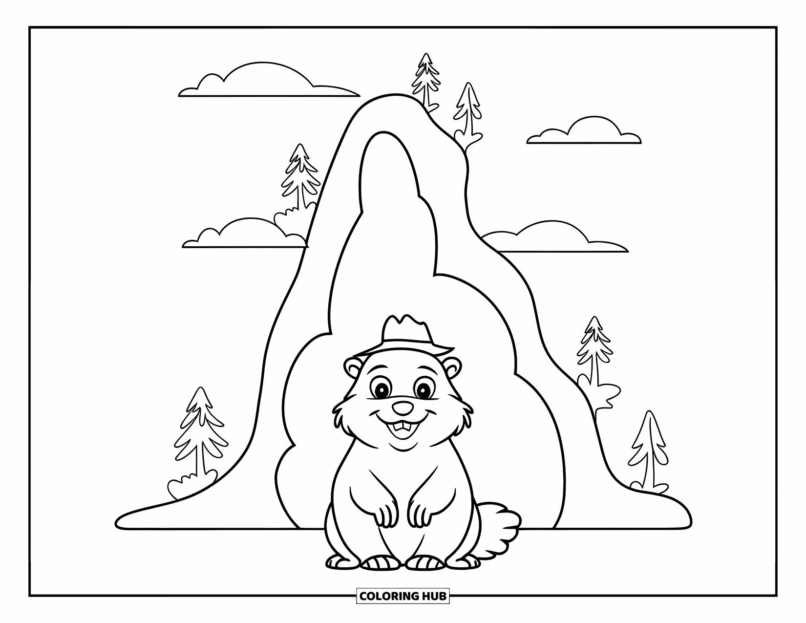 Groundhog Coloring Page for Kids: Groundhog in tiny hat smiling before a hill under a clear sky