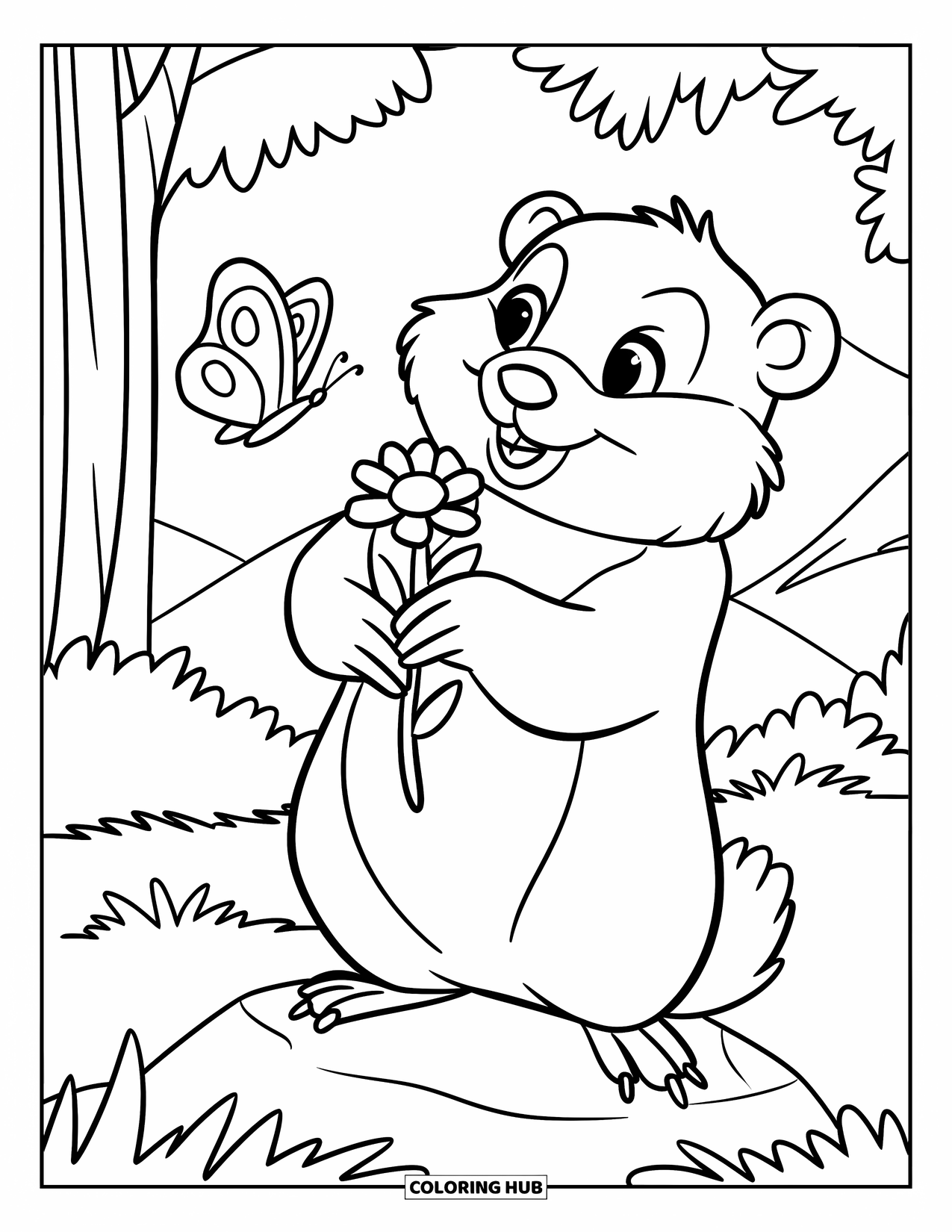 Groundhog Coloring Page for Kids: Groundhog on a rock holding a flower while watching a butterfly