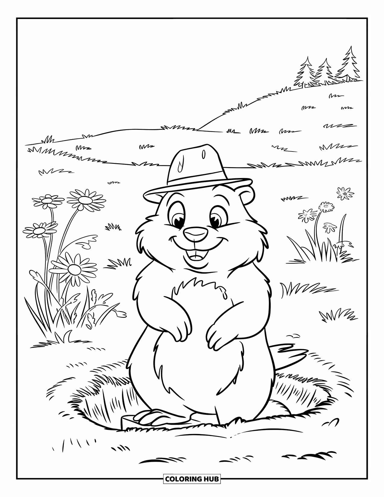 Groundhog Coloring Page for Kids: Groundhog on a wooden platform emerging from burrow in a wildflower meadow