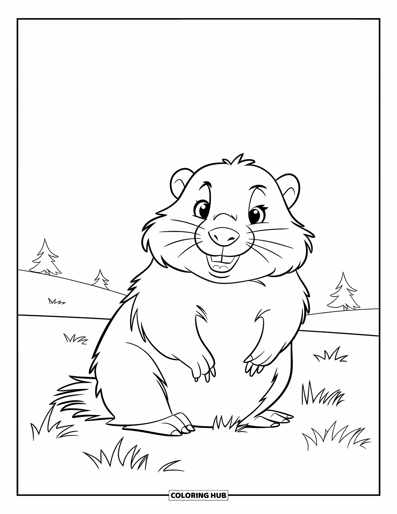 Groundhog Coloring Page for Kids: Groundhog sitting on a grassy hill with trees in the distance