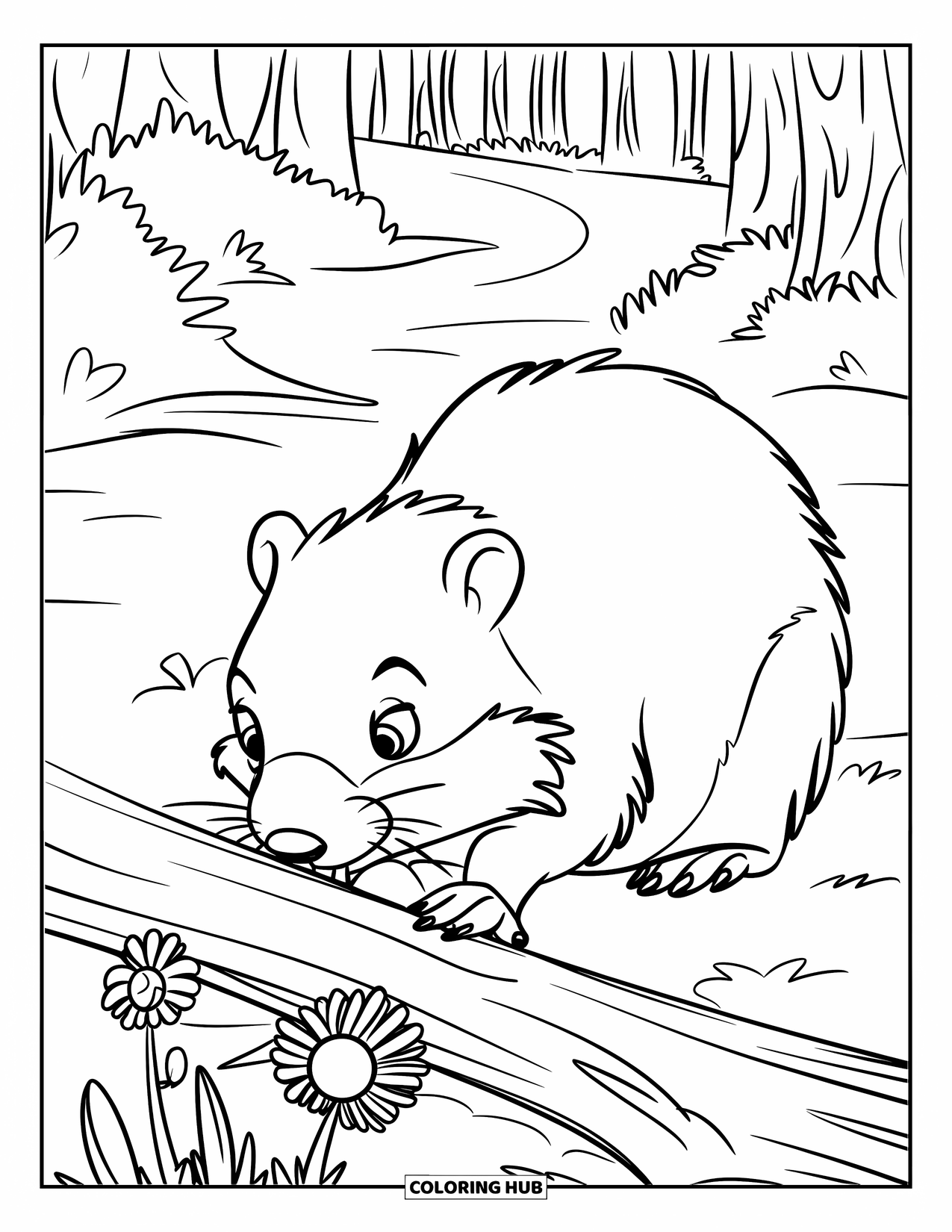 Groundhog Coloring Page for Kids: Groundhog sniffing wildflowers beside a fallen branch in a forest