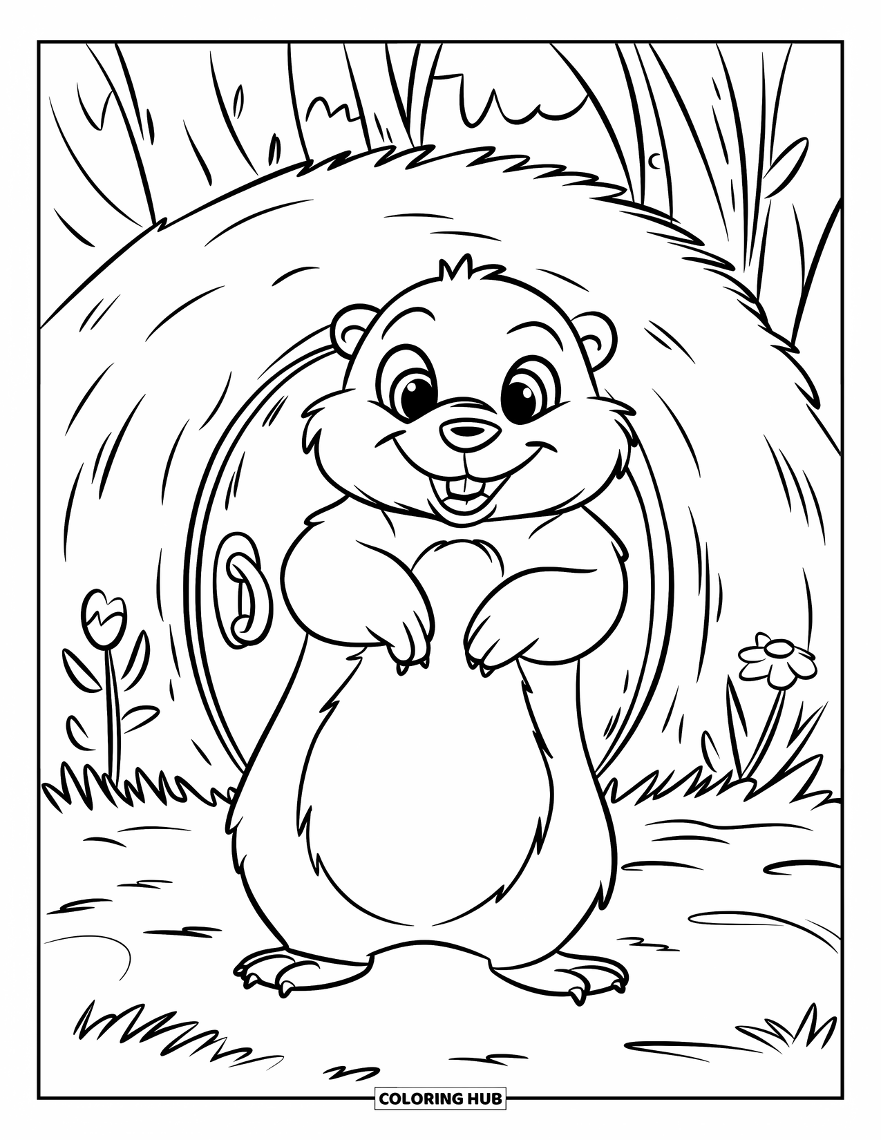 Groundhog Coloring Page for Kids: Smiling groundhog by round burrow with door and flowers in a field