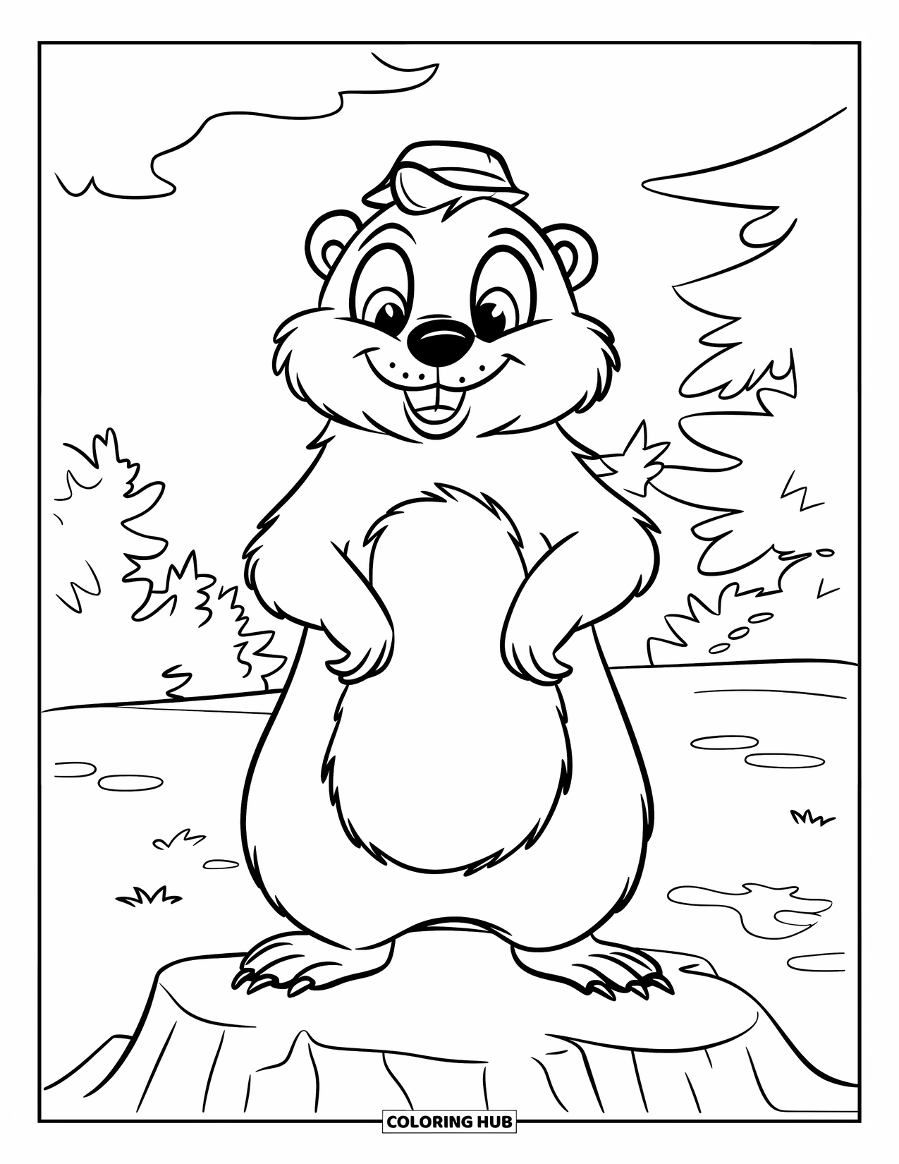 Groundhog Coloring Page for Kids: Smiling groundhog in a hat standing on a rock by the forest edge