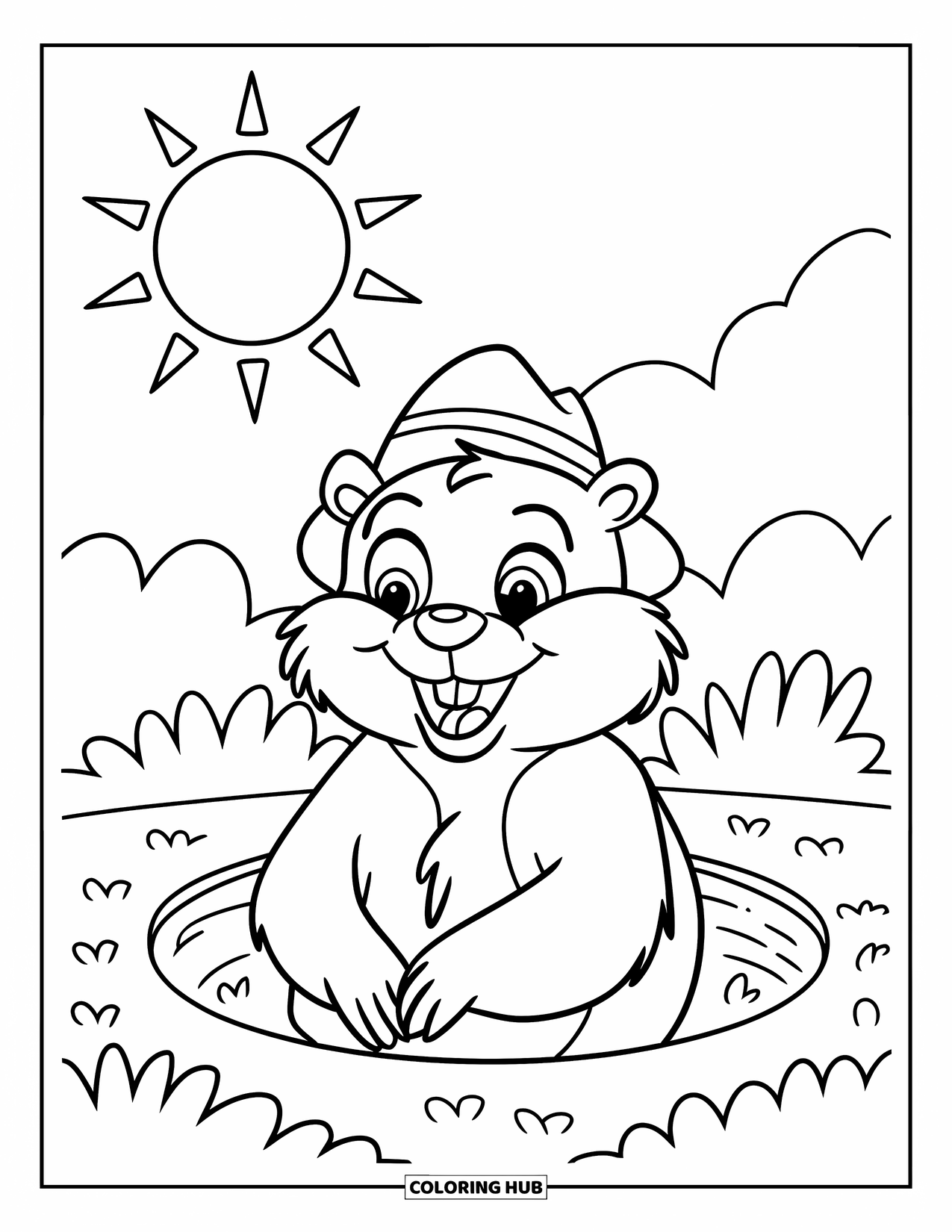 Groundhog Coloring Page for Kids: Smiling groundhog in hat popping from hole with sun above