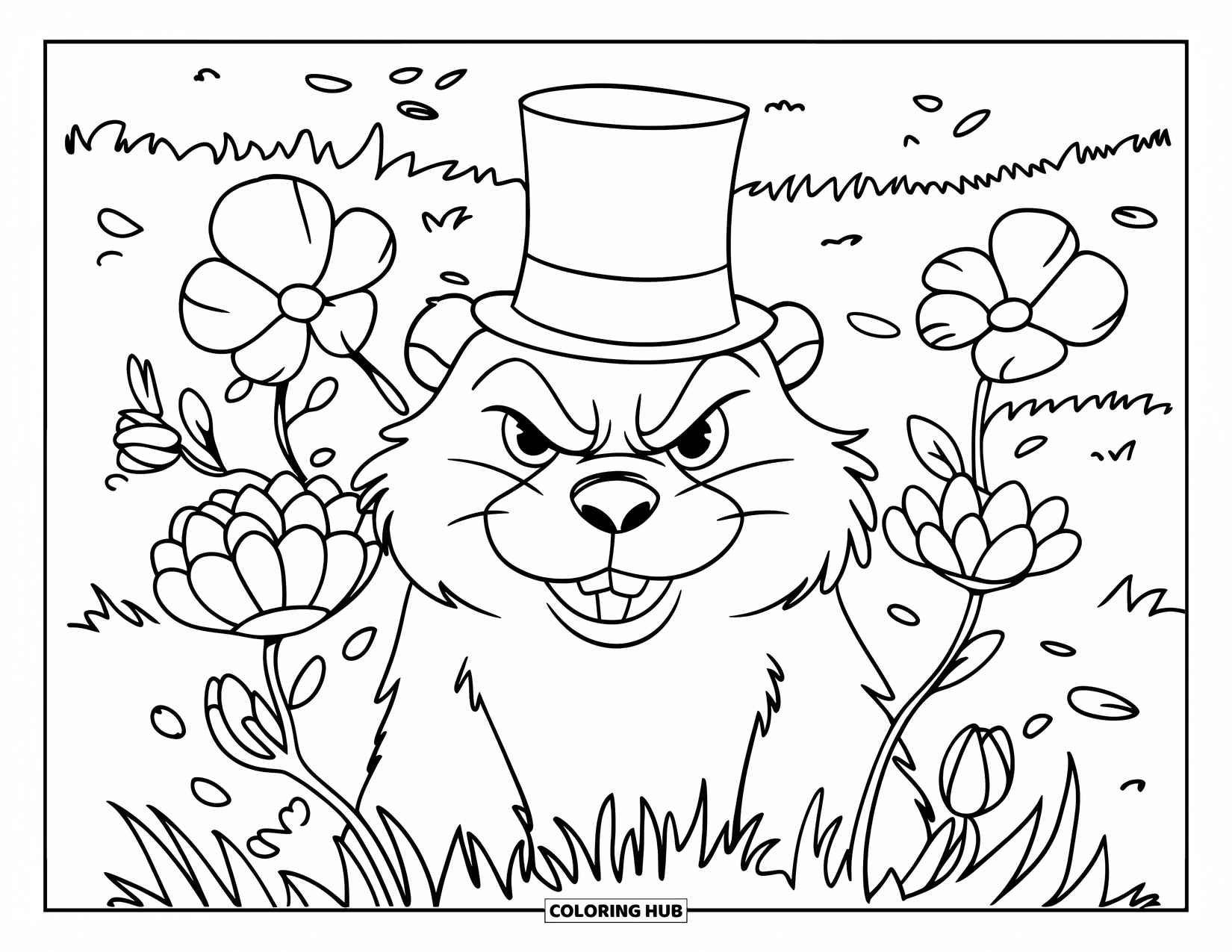 Groundhog Coloring Page for Kids: Stern groundhog in a top hat among blooming spring flowers