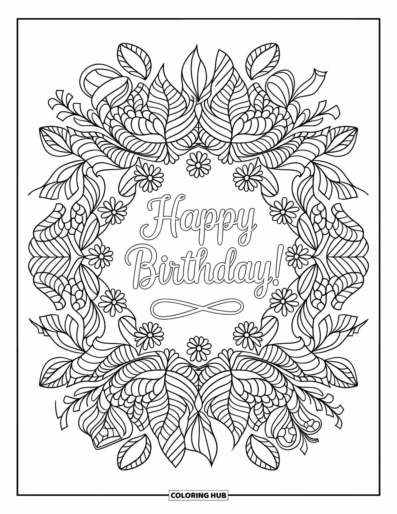 Happy Birthday Card Coloring Page for Adults: Botanical mandala with "Happy birthday" message inside