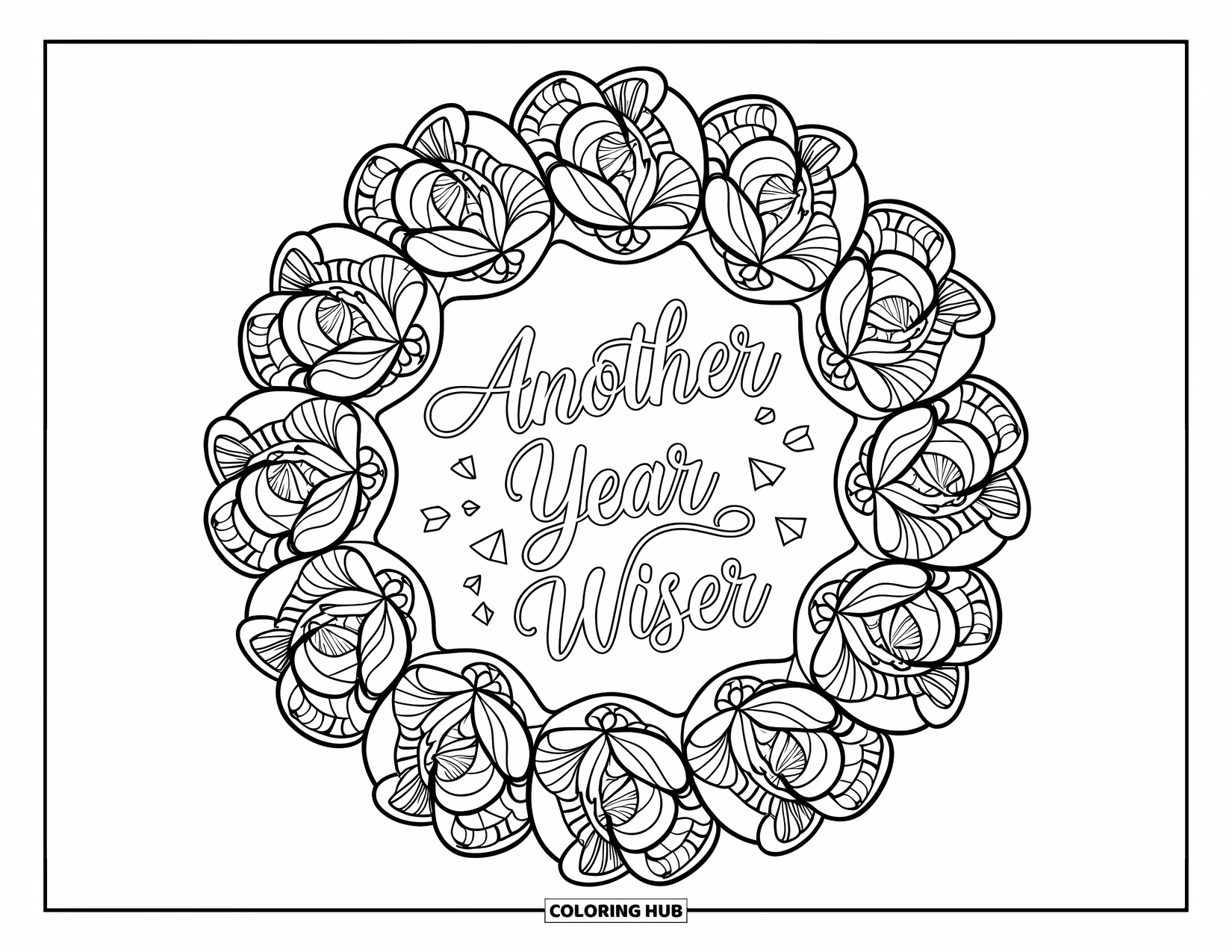 Happy Birthday Card Coloring Page for Adults: Circular rose mandala with "Another year wiser" in center