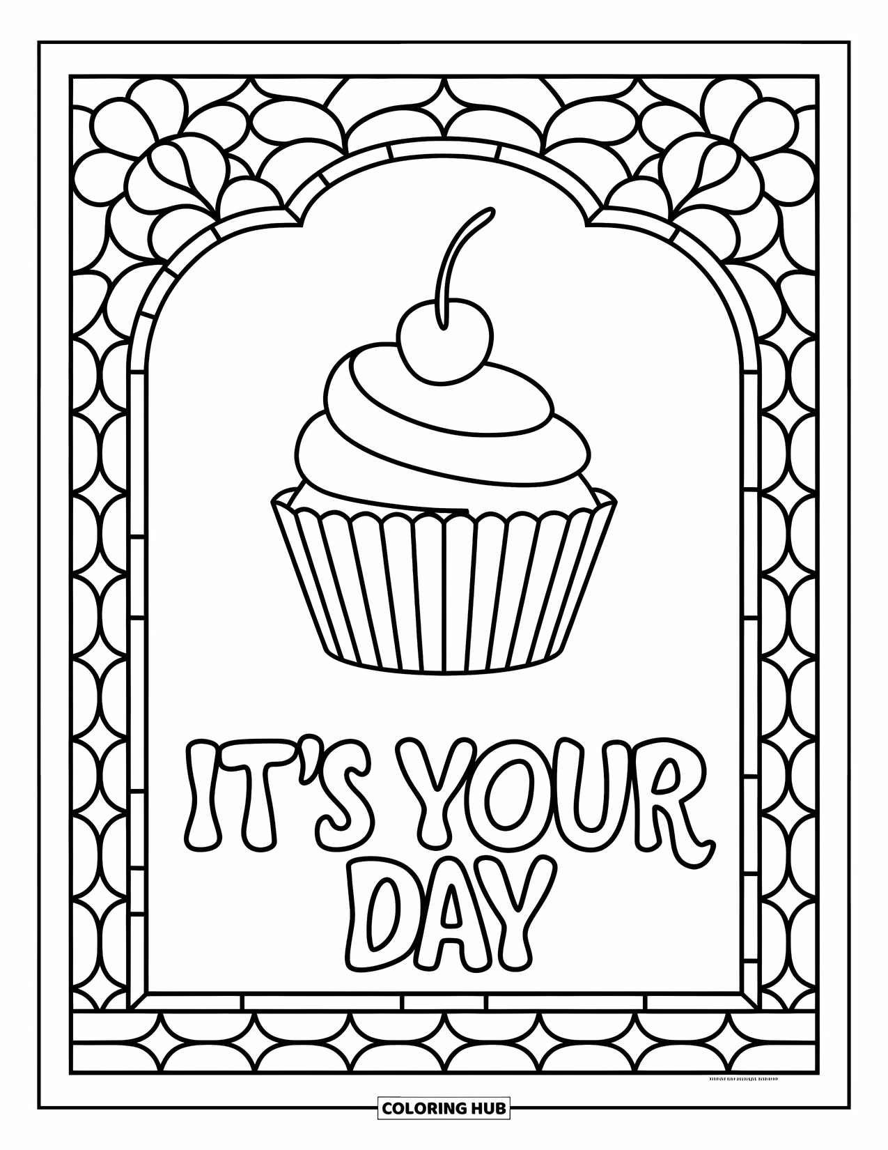 Happy Birthday Card Coloring Page for Adults: Cupcake with cherry framed by stained glass border