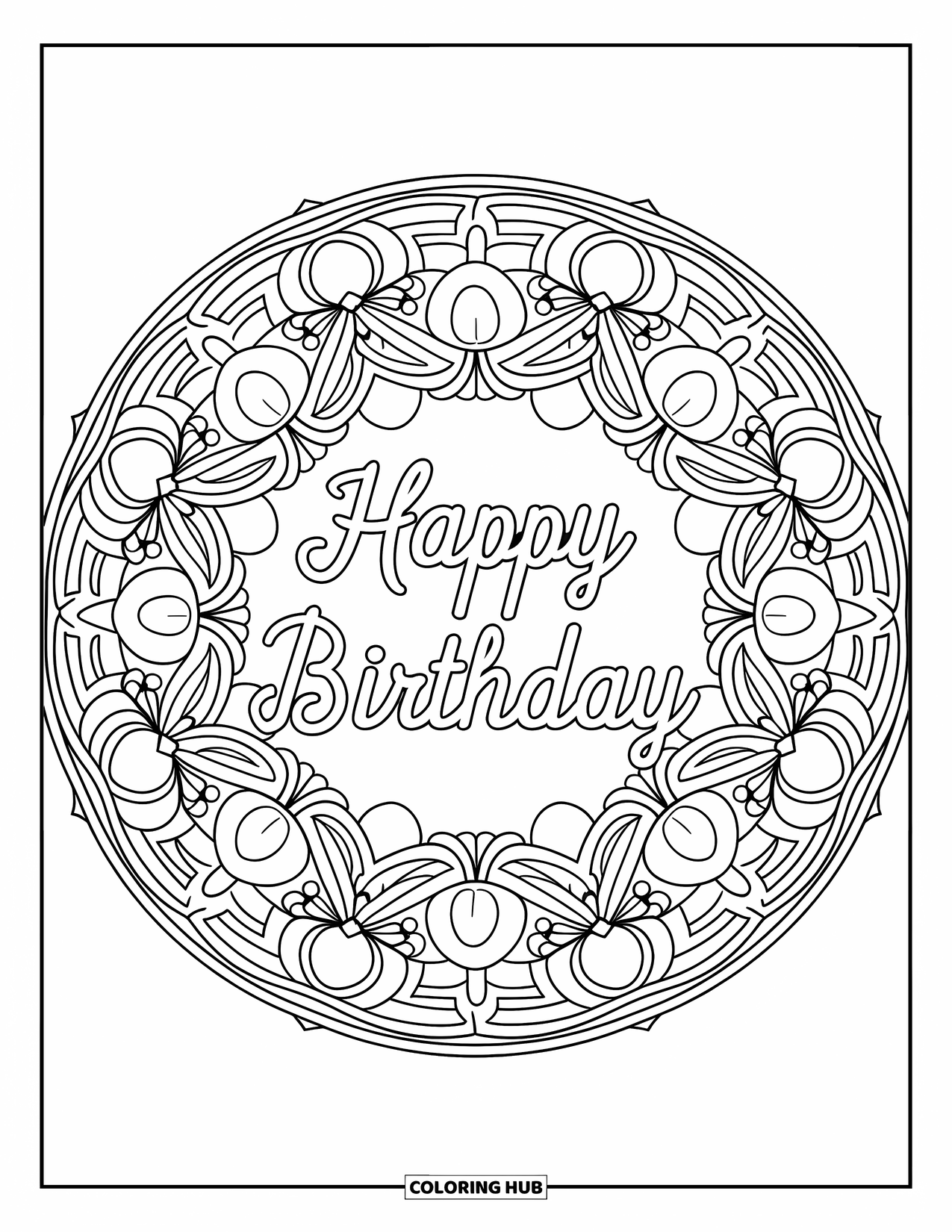 Happy Birthday Card Coloring Page for Adults: Detailed botanical mandala with "Happy birthday" message