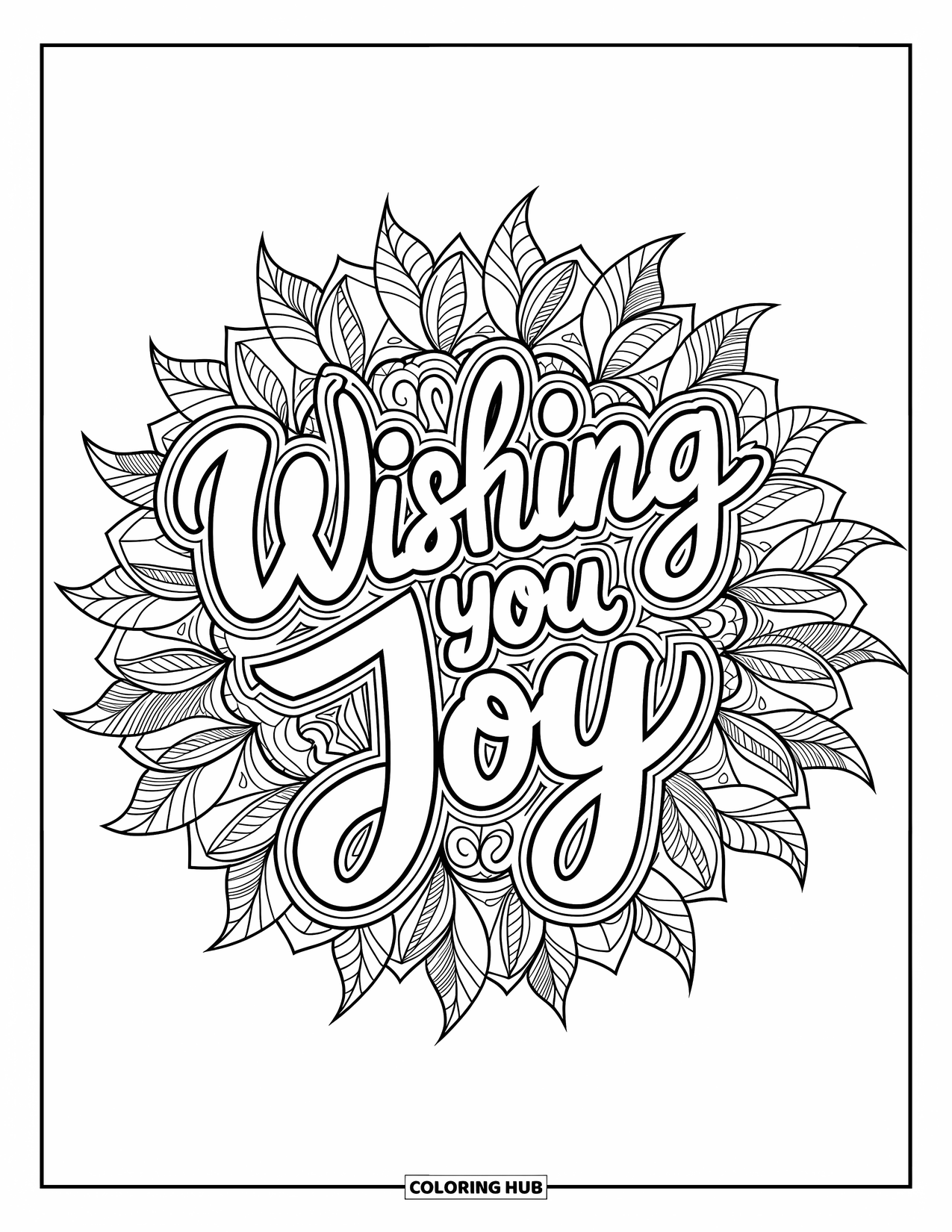 Happy Birthday Card Coloring Page for Adults: Intricate mandala design with "Wishing you joy"