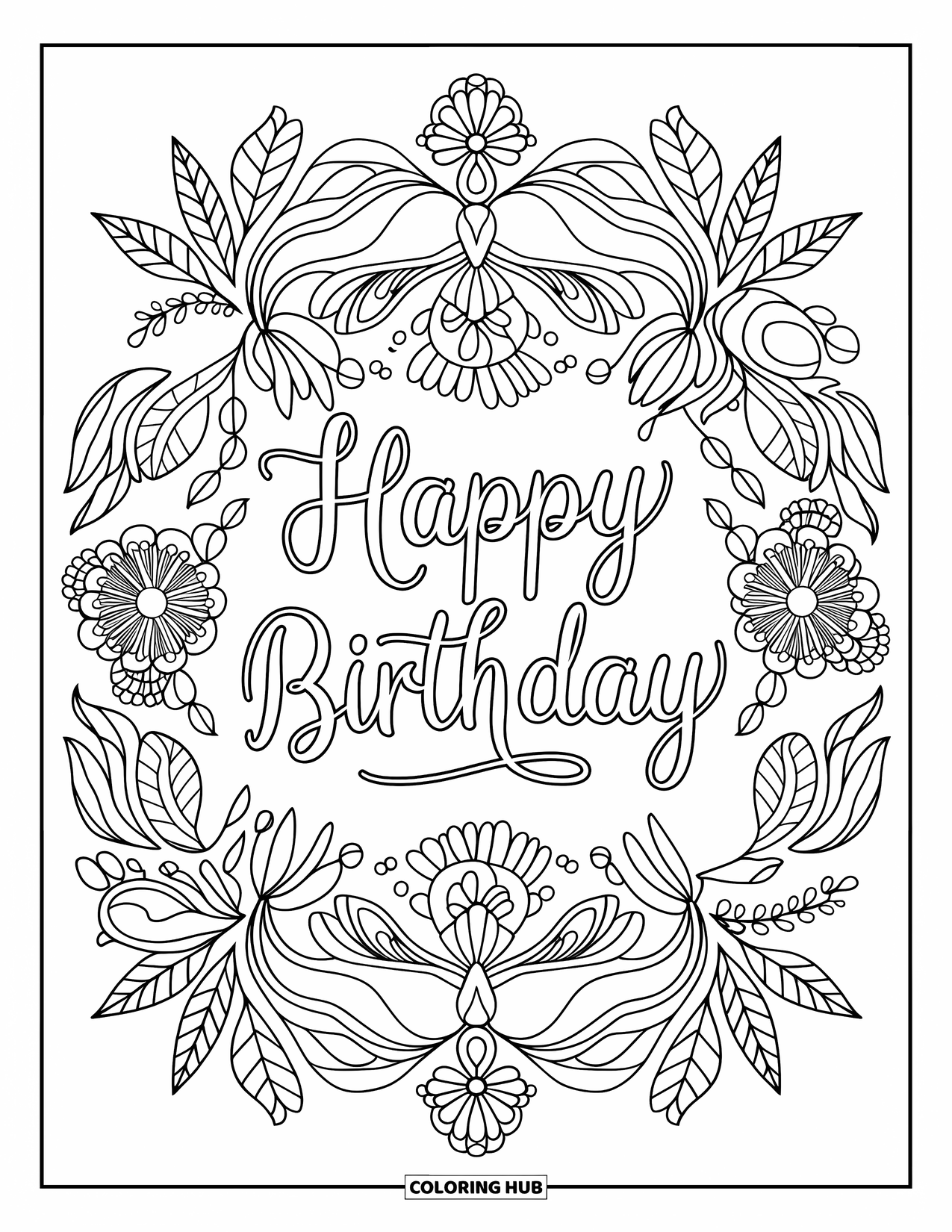 Happy Birthday Card Coloring Page for Adults: Intricate mandala of flowers and vines with "Happy birthday"
