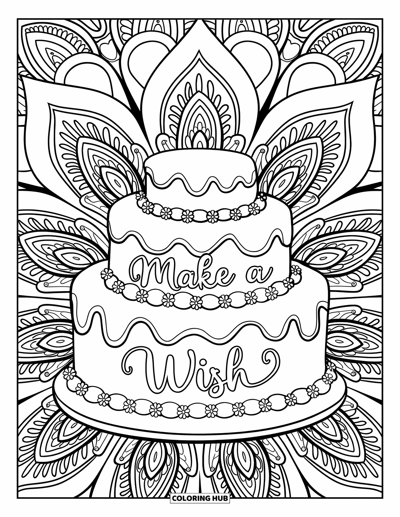 Happy Birthday Card Coloring Page for Adults: Layered cake with sprinkles framed by mandala petals