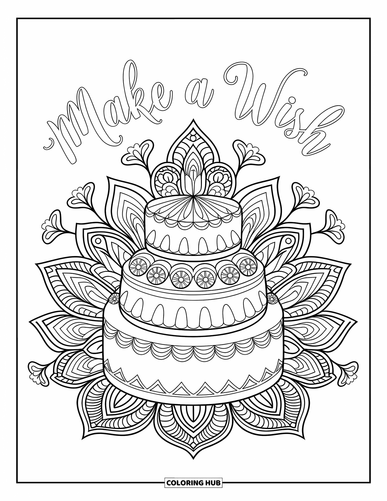 Happy Birthday Card Coloring Page for Adults: Mandala petals encircle layered cake with "Make a wish"