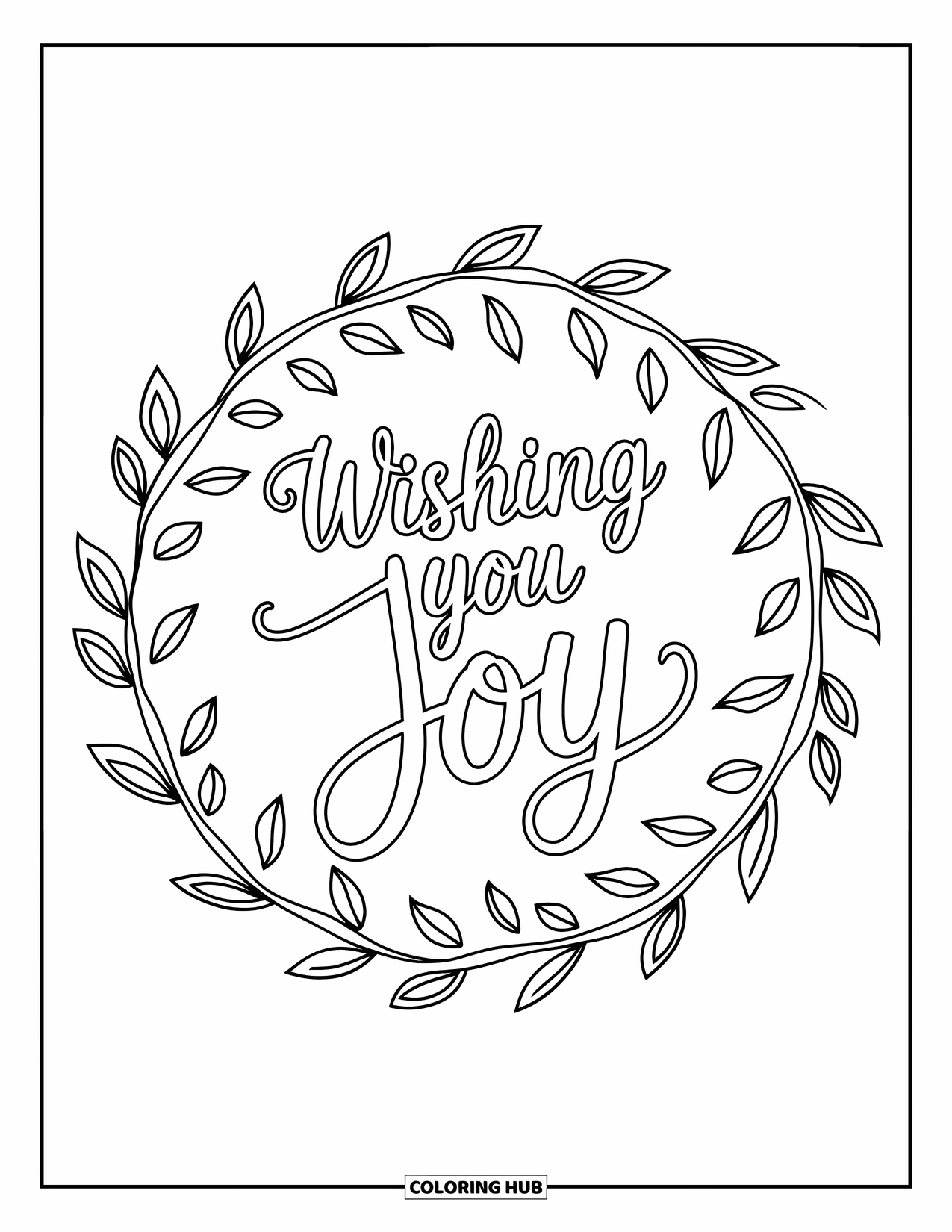 Happy Birthday Card Coloring Page for Adults: Mandala with delicate leaves and "Wishing you joy"