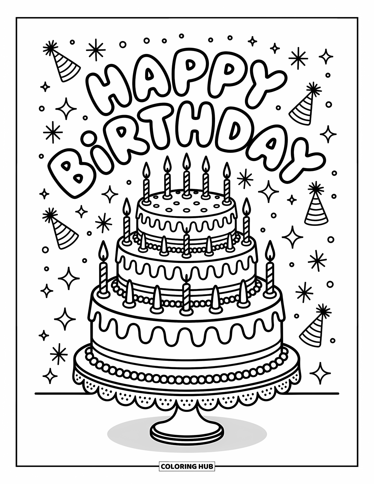Happy Birthday Card Coloring Page for Adults: Multi-layer cake with stars, bows, and bubbly birthday text