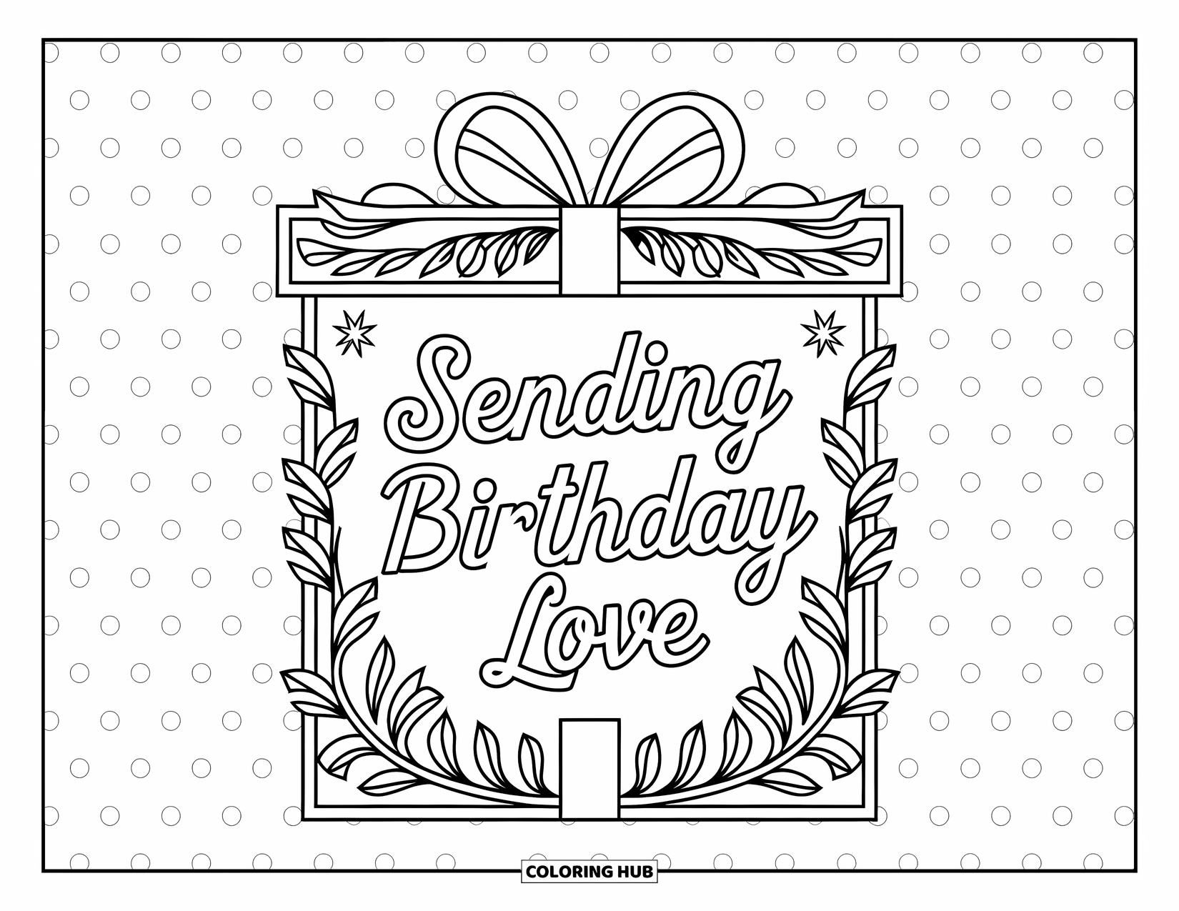 Happy Birthday Card Coloring Page for Adults: Present with ribbon and "Sending birthday love" under it