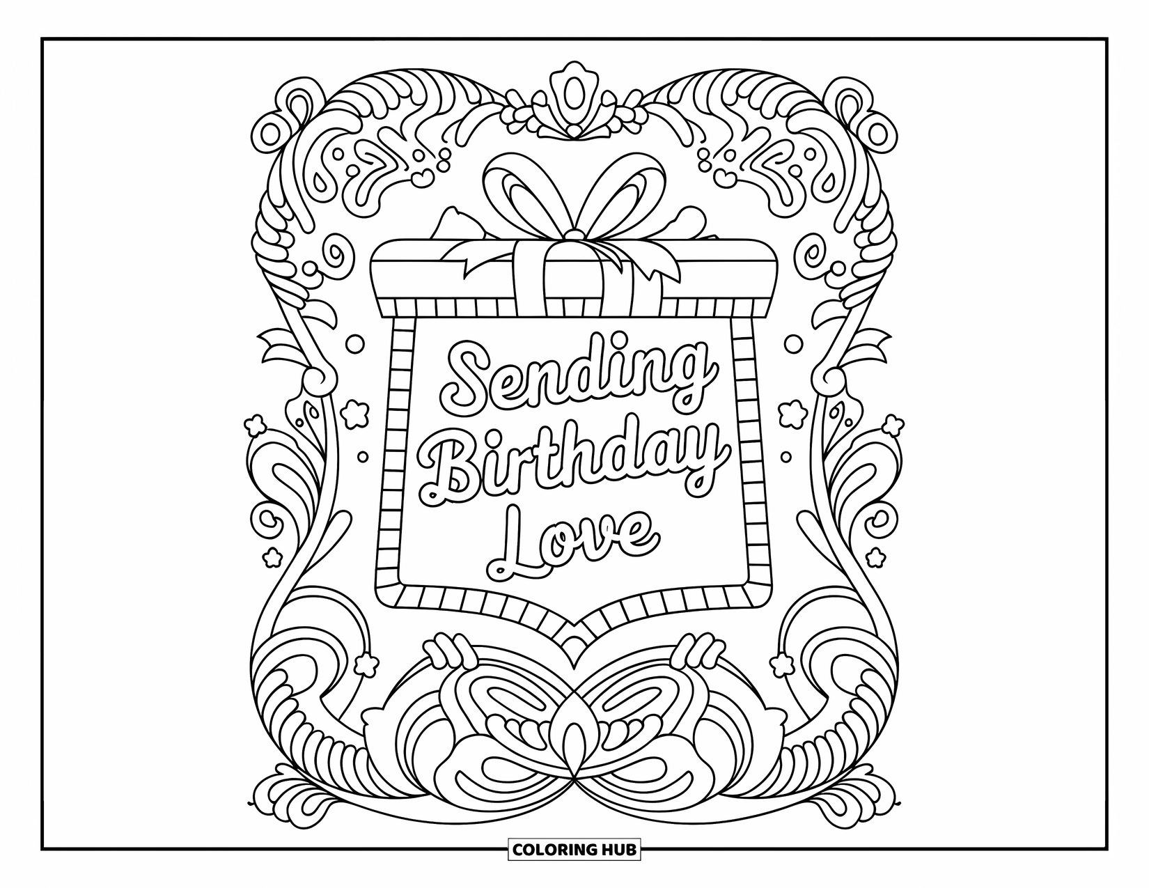 Happy Birthday Card Coloring Page for Adults: Present wrapped in vines with "Sending birthday love" below
