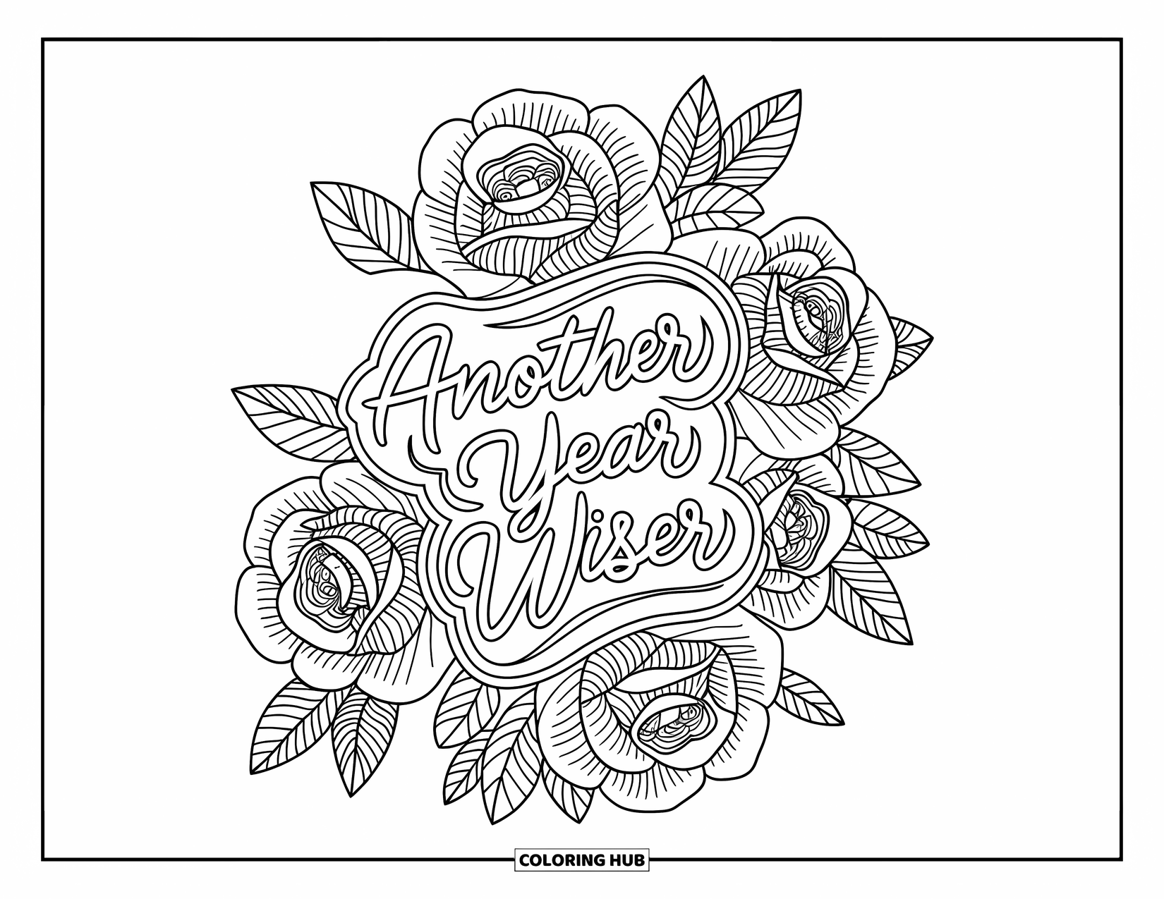 Happy Birthday Card Coloring Page for Adults: Rose bouquet mandala with "Another year wiser" message