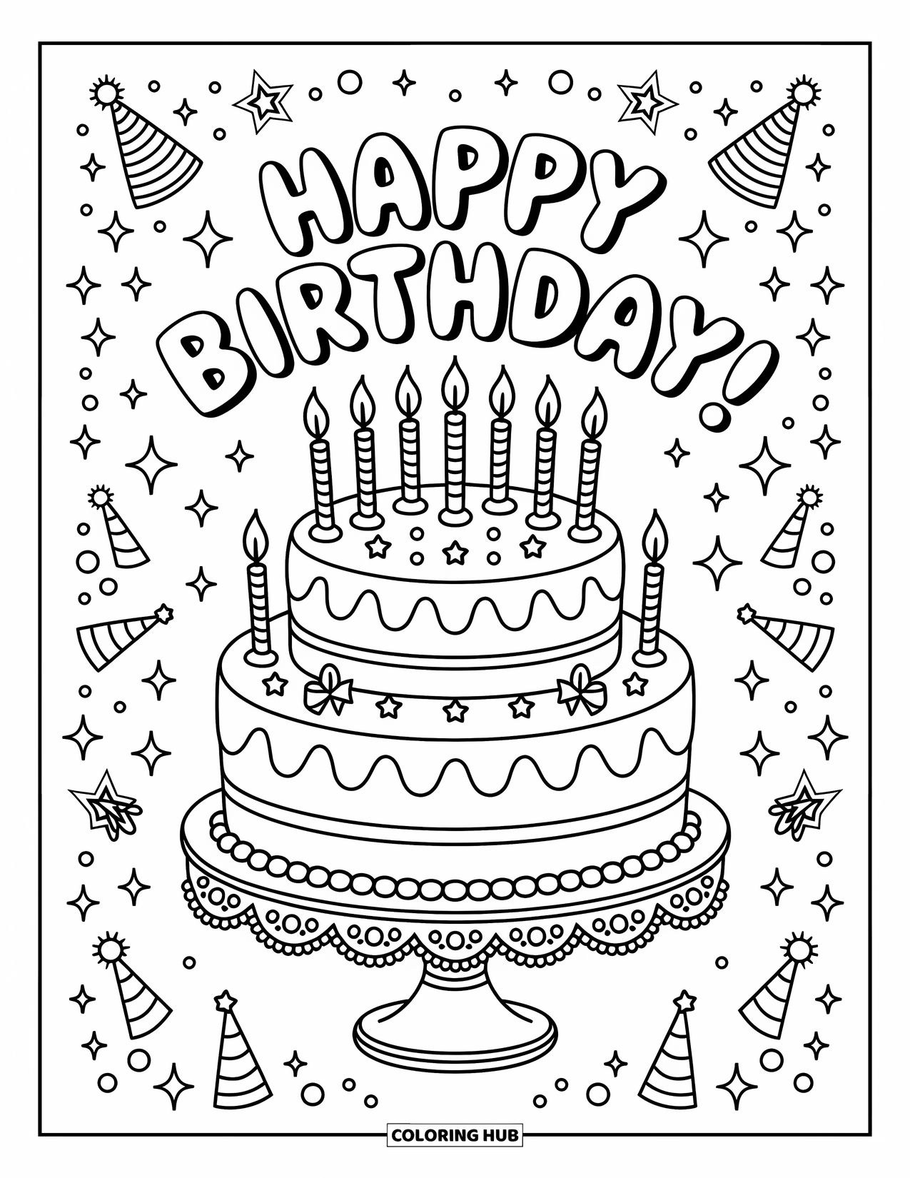Happy Birthday Card Coloring Page for Adults: Tiered cake with candles and "Happy Birthday" arched above