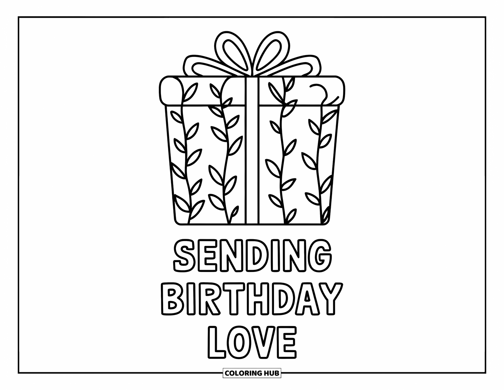 Happy Birthday Card Coloring Page for Adults: Vine-wrapped gift with "Sending birthday love" phrase