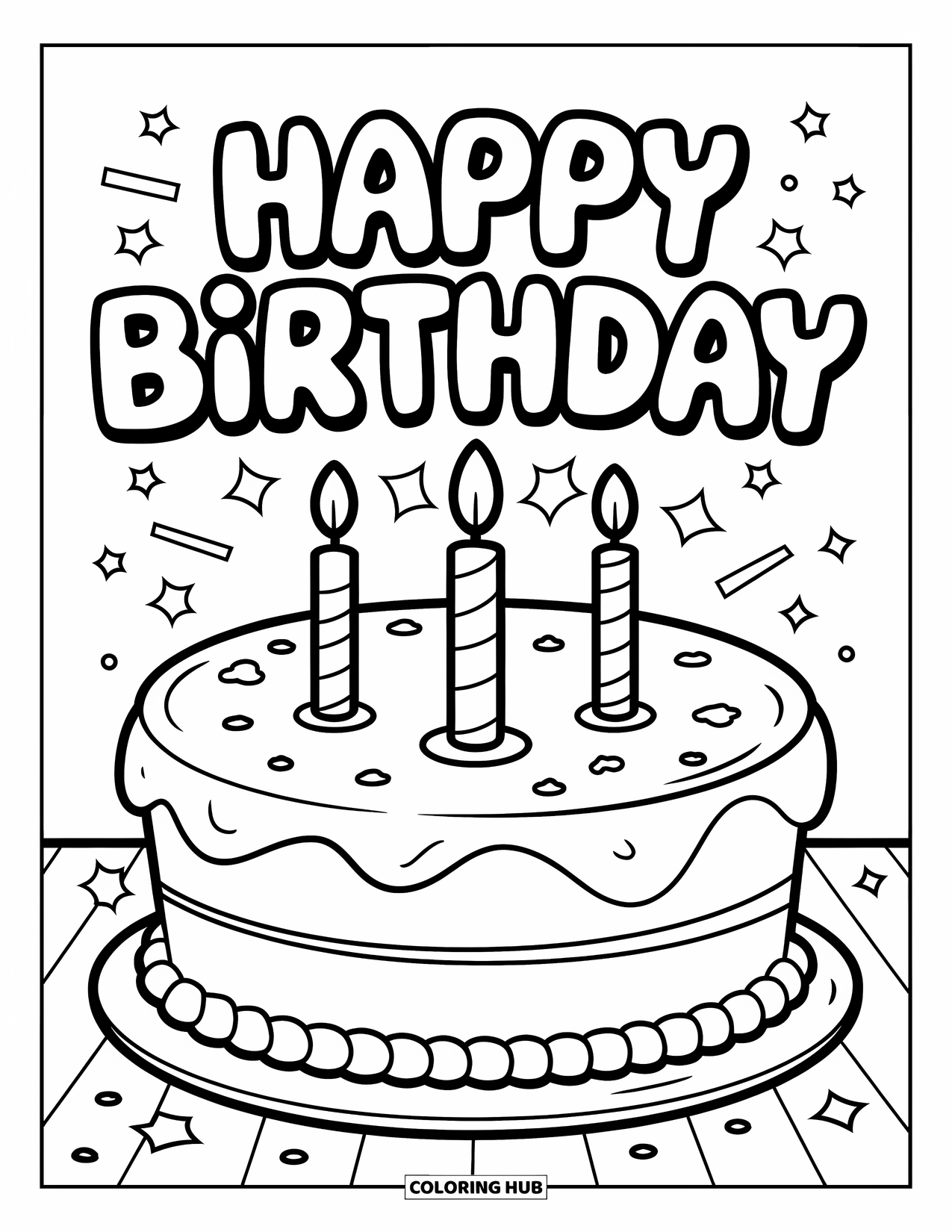 Happy Birthday Card Coloring Page for Kids: Big cake with candles and bubbly "Happy birthday"