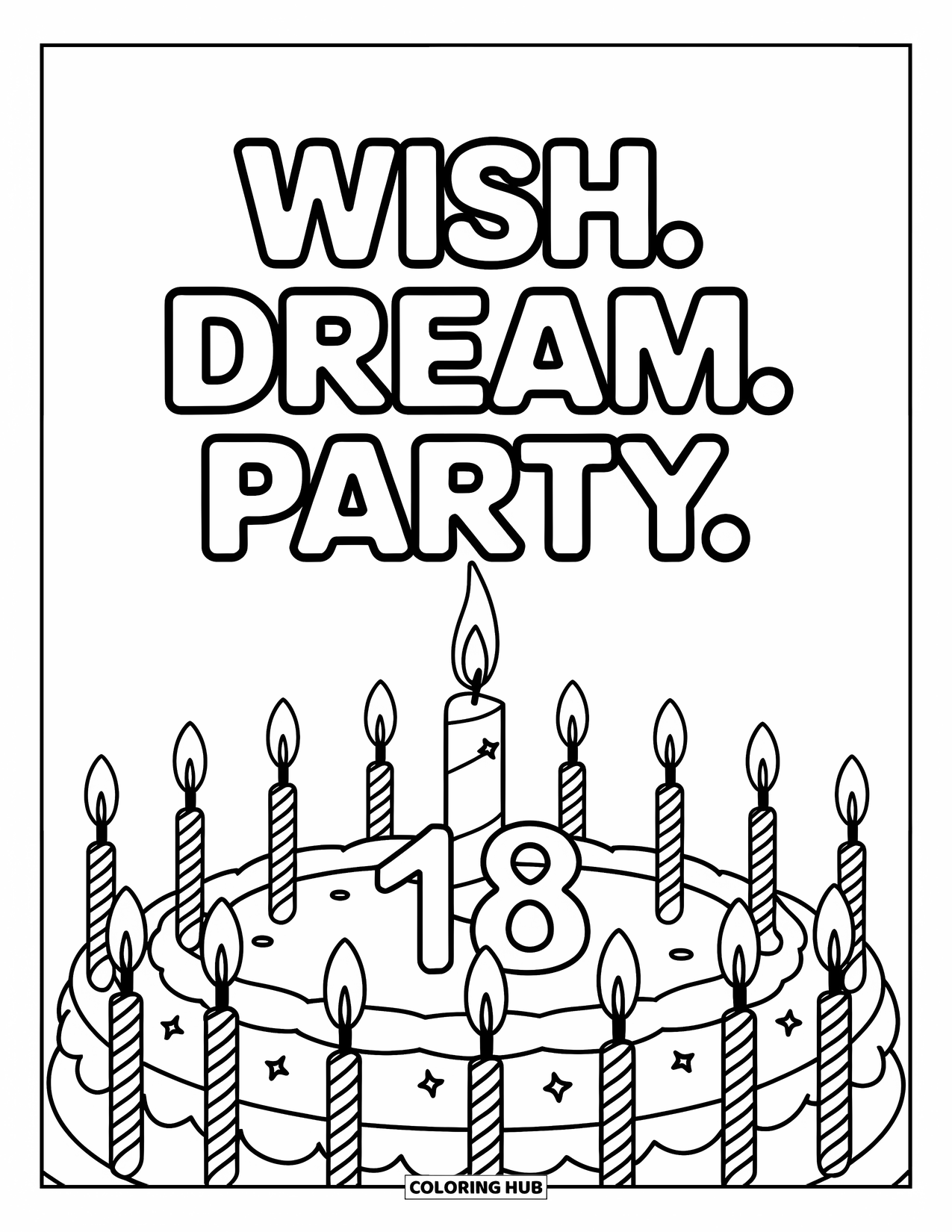 Happy Birthday Card Coloring Page for Kids: Cake with candles and "Wish. dream. party." above