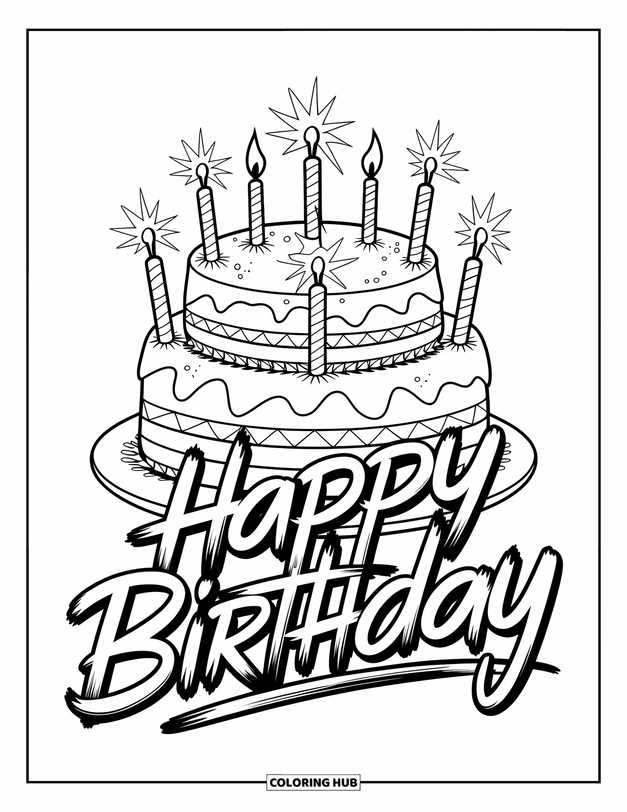 Happy Birthday Card Coloring Page for Kids: Cake with sparklers and "Happy birthday" brush lettering