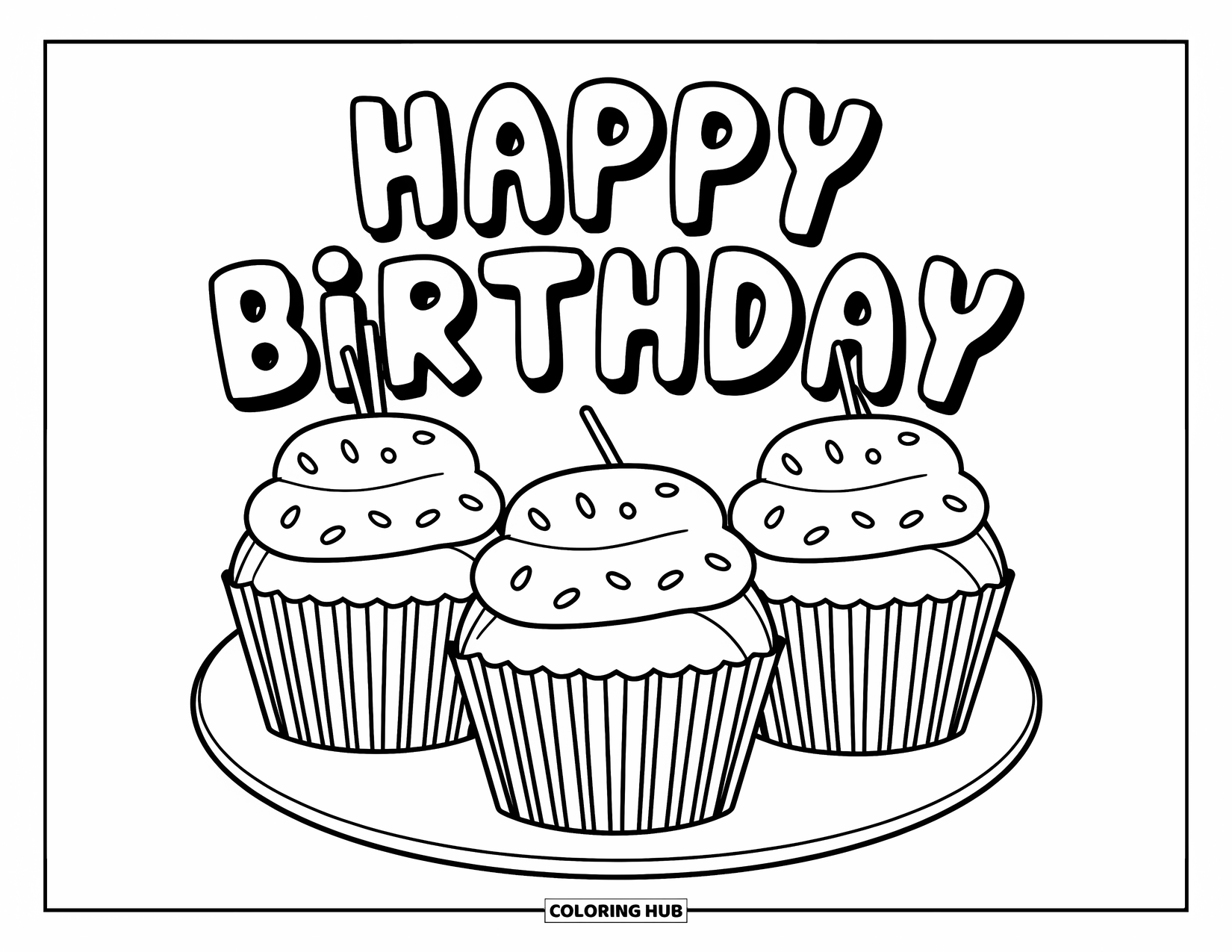 Happy Birthday Card Coloring Page for Kids: Cupcake trio with "Happy Birthday" in curved letters