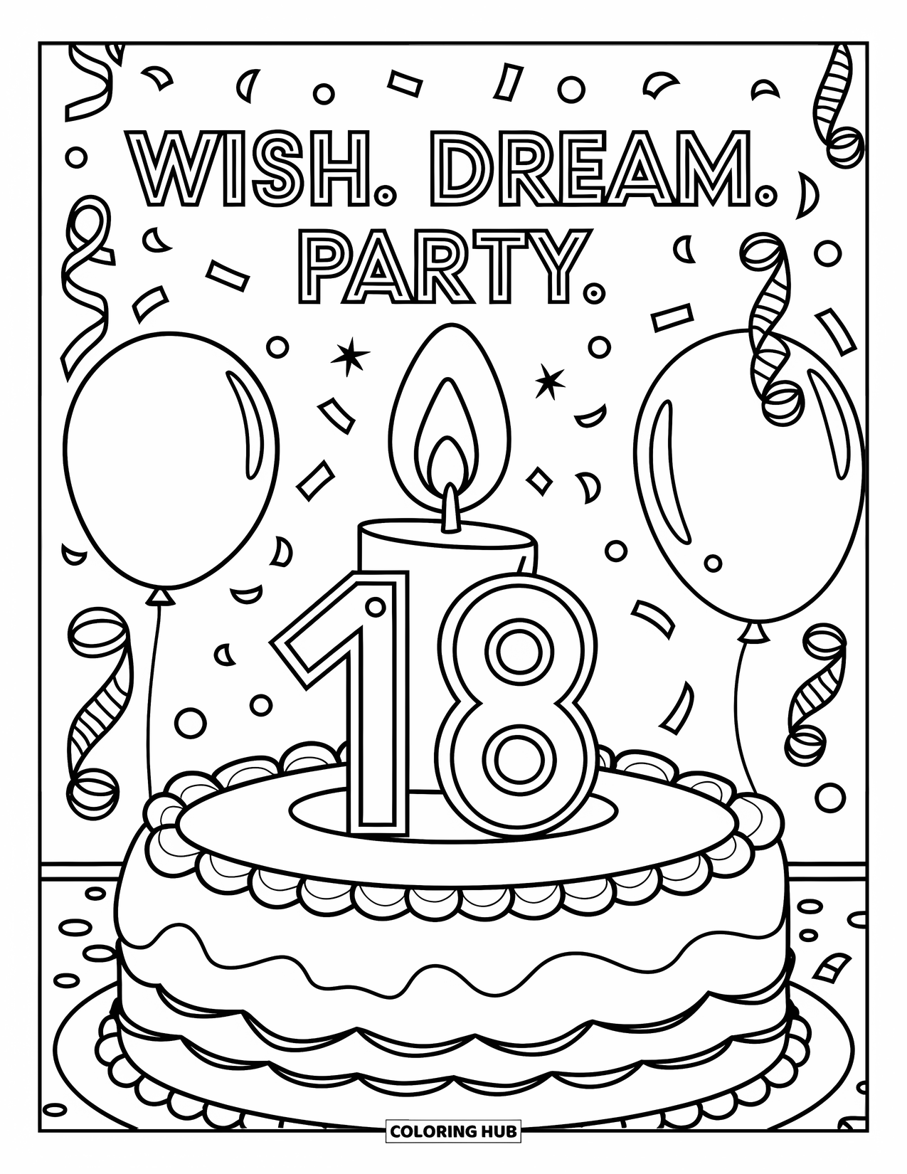 Happy Birthday Card Coloring Page for Kids: Decorated cake with candles and "Wish. dream. party." above