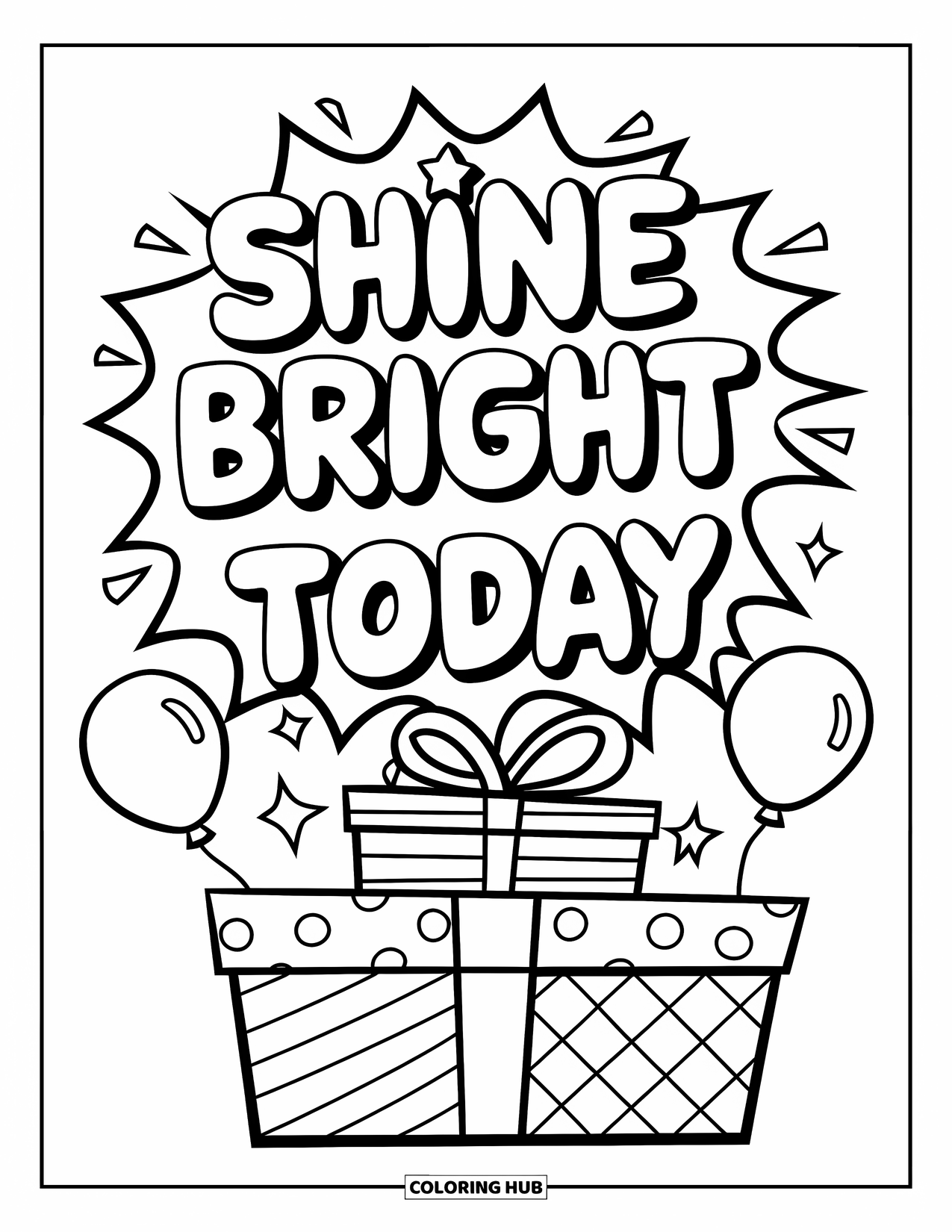 Happy Birthday Card Coloring Page for Kids: Gift stack with balloons, star, and bubbly birthday text
