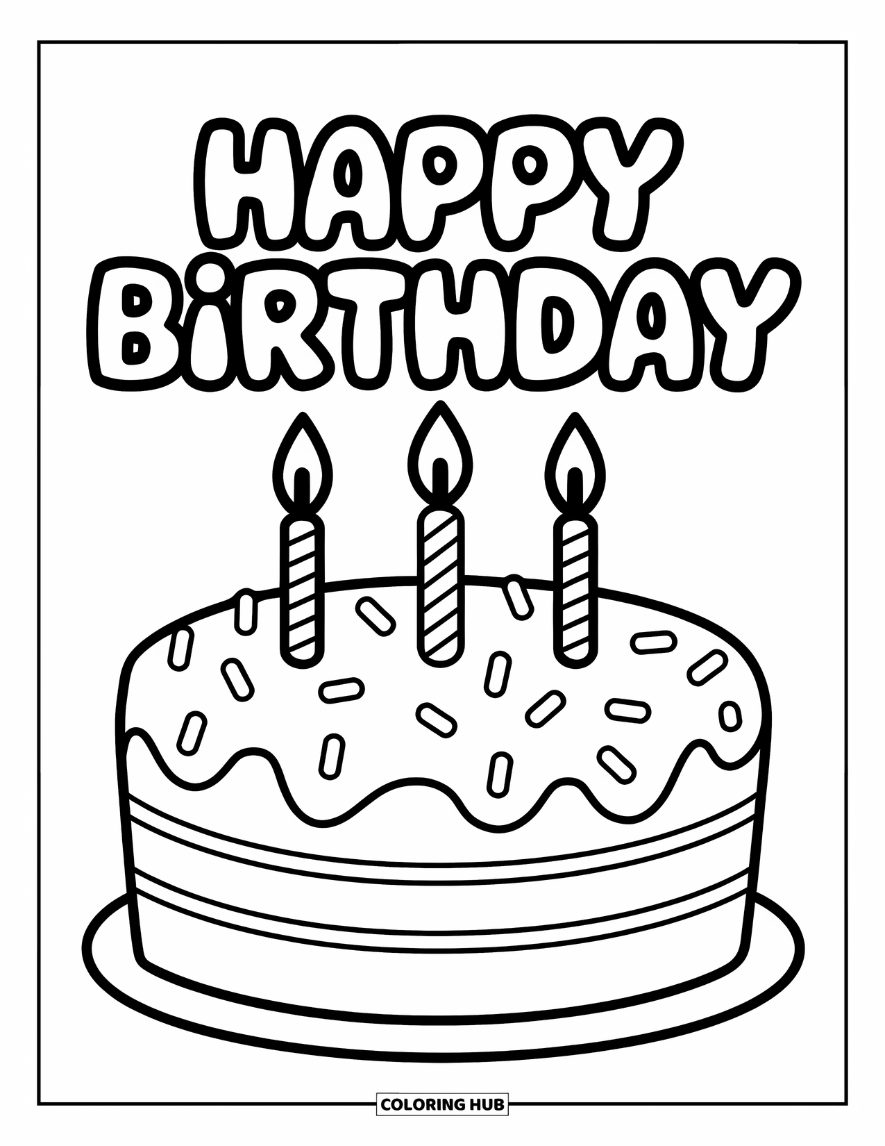 Happy Birthday Card Coloring Page for Kids: Large cake with sprinkles and "Happy birthday" letters