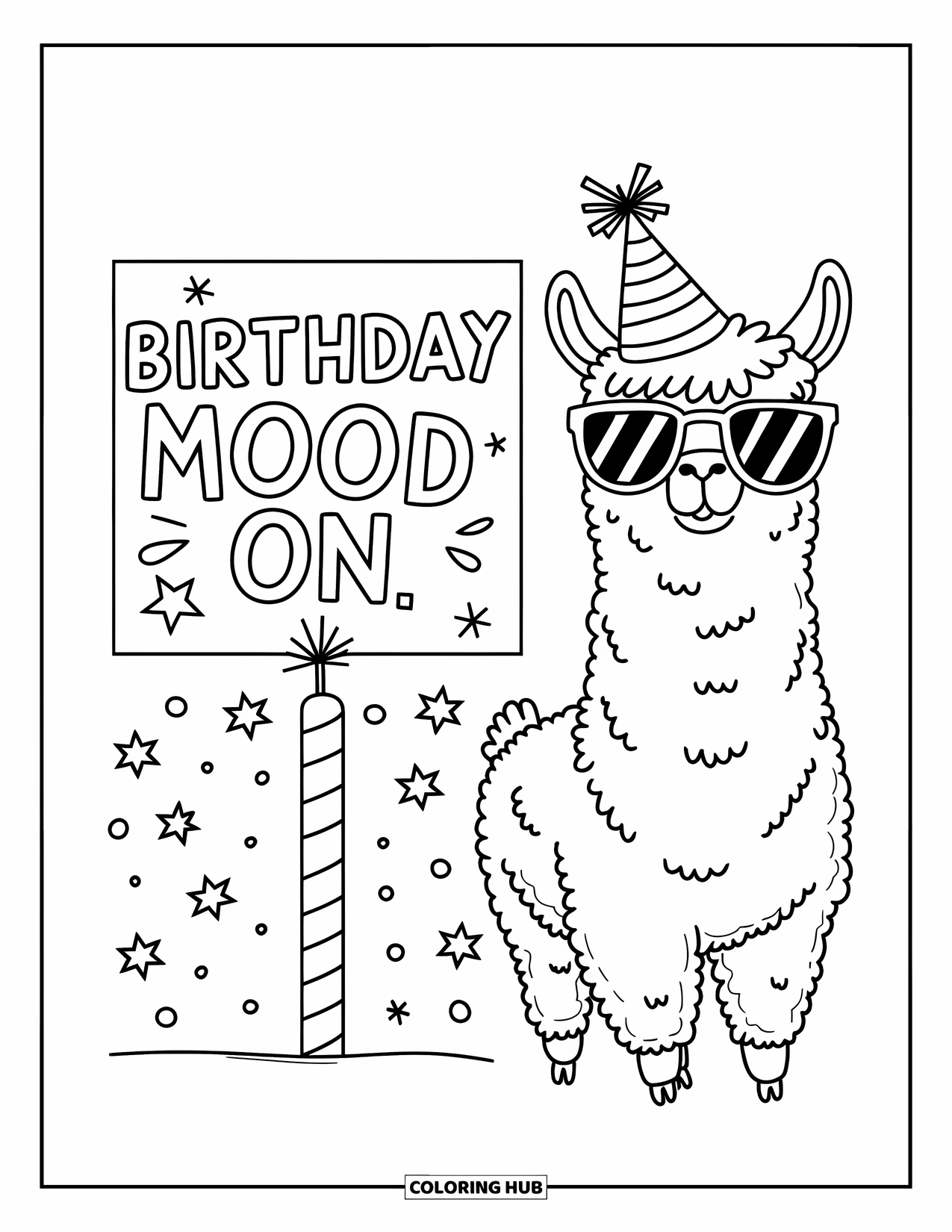 Happy Birthday Card Coloring Page for Kids: Llama in party hat with "Birthday mood on" message