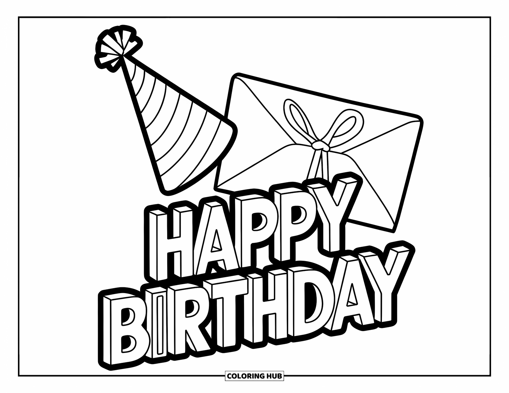 Happy Birthday Card Coloring Page for Kids: Party hat and ribbon-tied envelope with "Happy Birthday" text