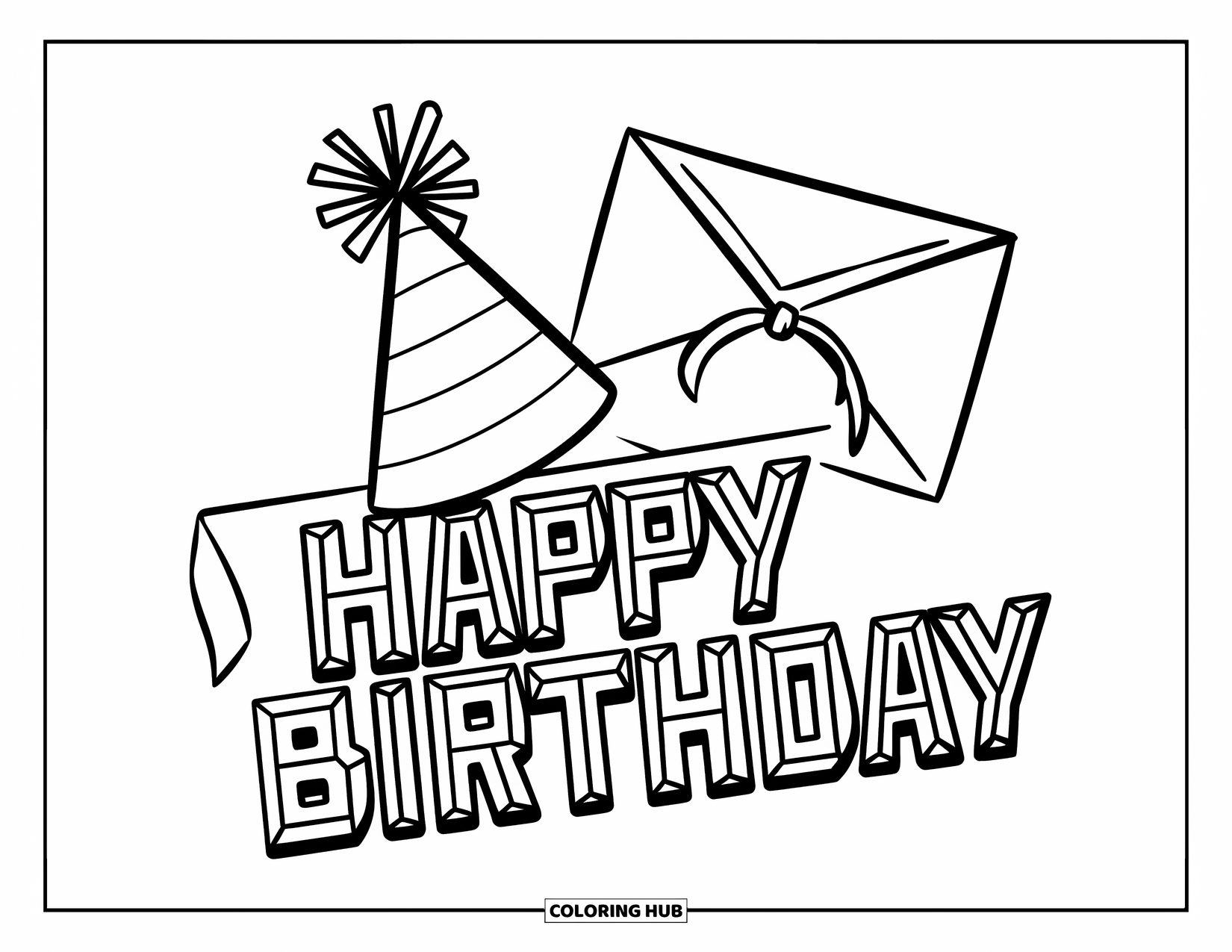Happy Birthday Card Coloring Page for Kids: Party hat beside an envelope with "Happy Birthday" message