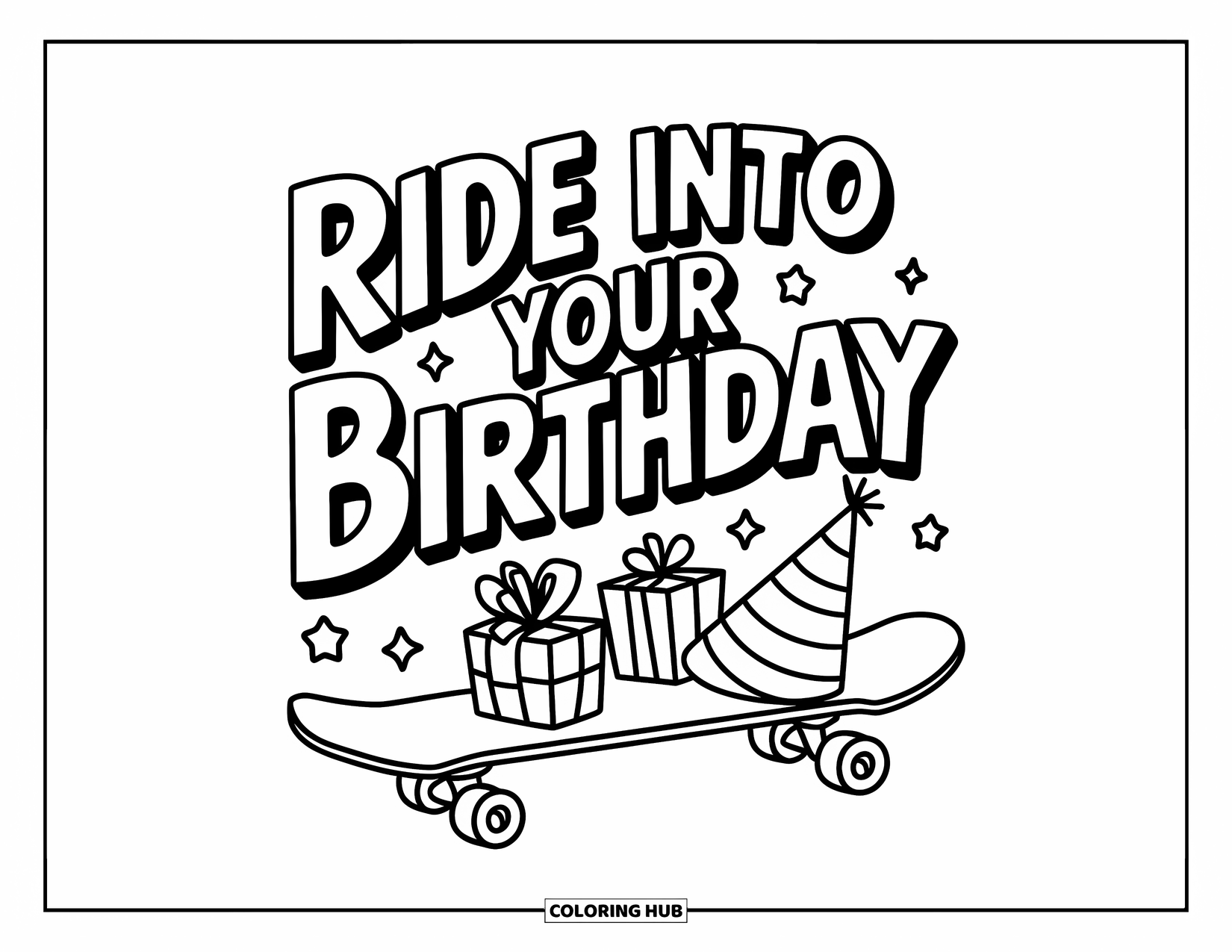 Happy Birthday Card Coloring Page for Kids: Skateboard with gifts and party hat under birthday phrase
