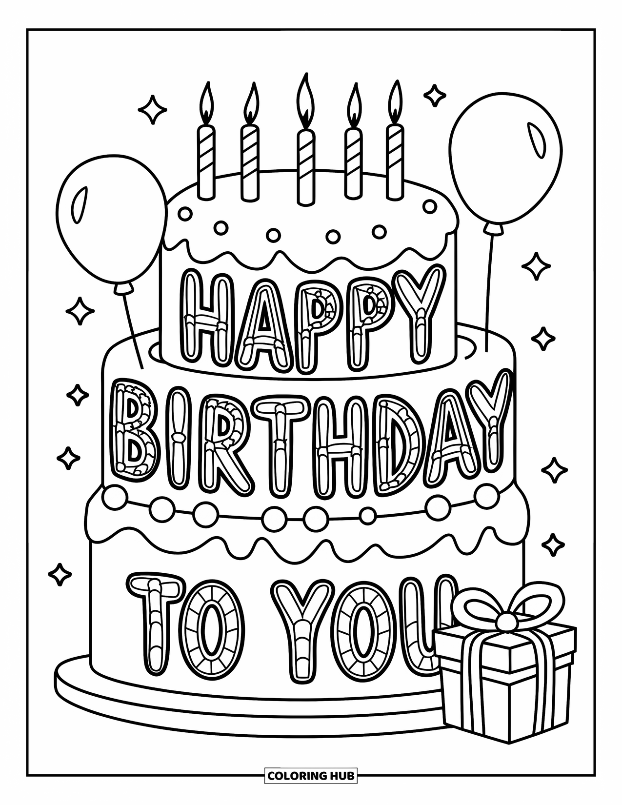 Happy Birthday Card Coloring Page for Kids: Tall cake with candles and "Happy birthday to you"