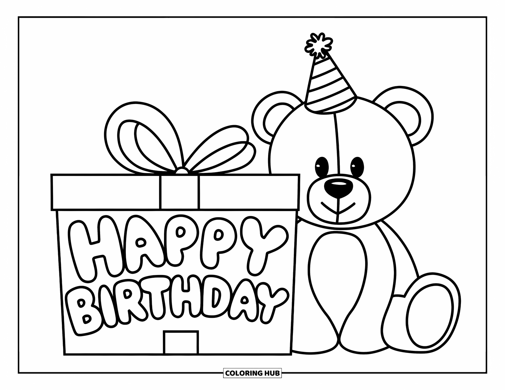 Happy Birthday Card Coloring Page for Kids: Teddy bear in hat with gift and birthday words