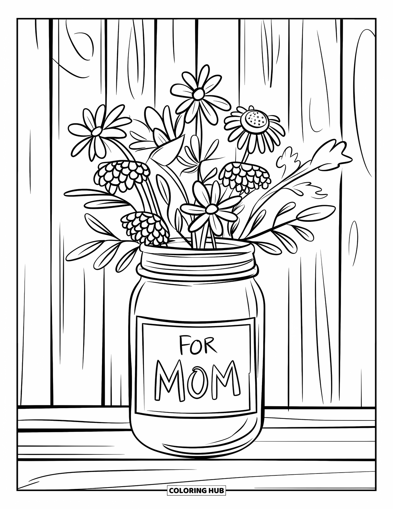 Happy Birthday Mom Coloring Page for Adults: A decorative mason jar filled with wildflowers labeled "For Mom" on wood