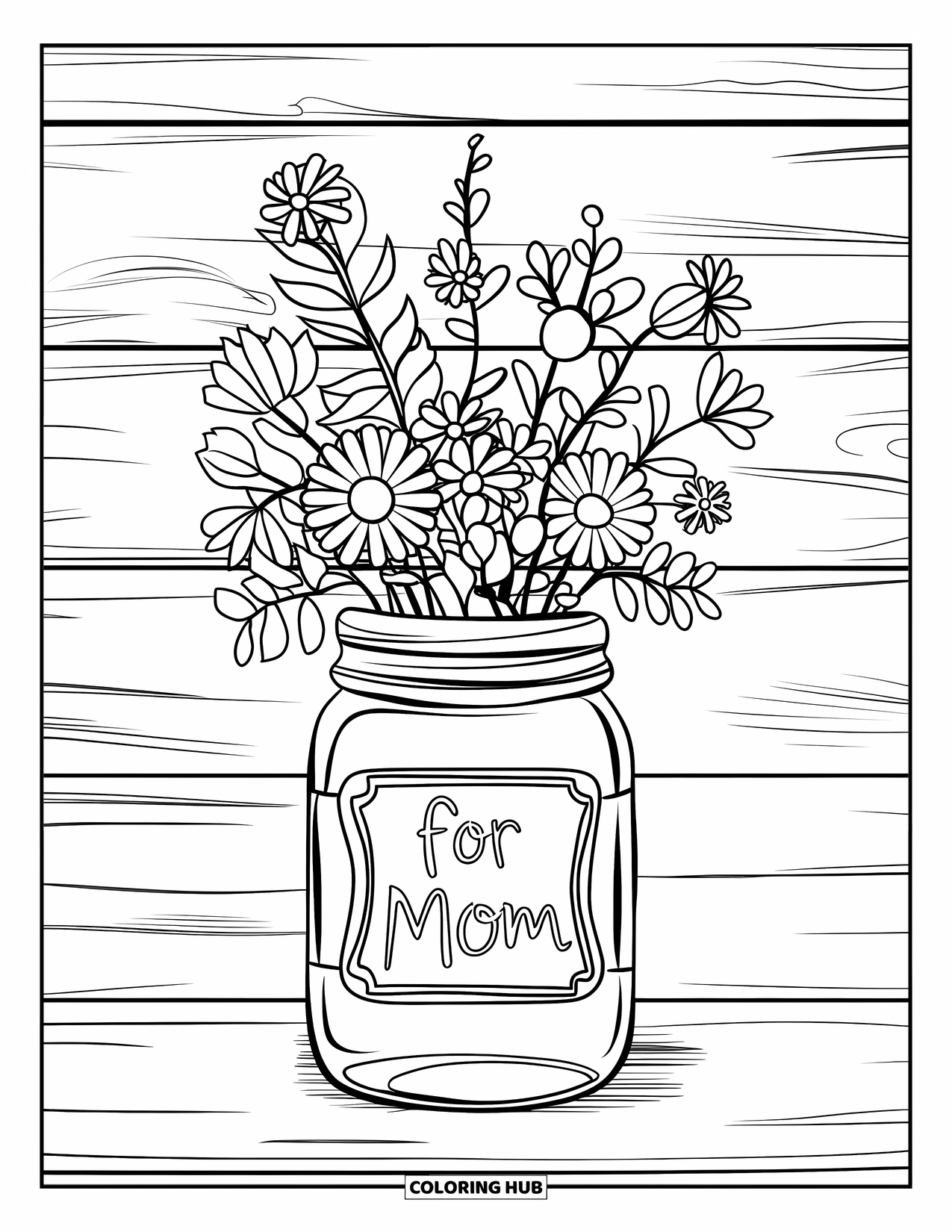 Happy Birthday Mom Coloring Page for Adults: A rustic mason jar with wildflowers and a "For Mom" label on wood grain