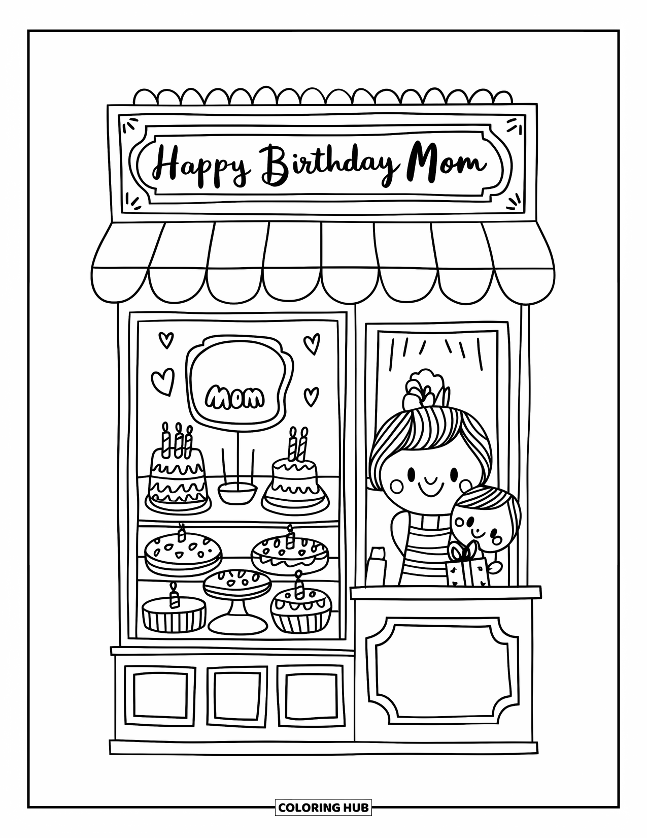 Happy Birthday Mom Coloring Page for Adults: Bakery scene with cakes, baker-mom, and child hiding a gift behind their back
