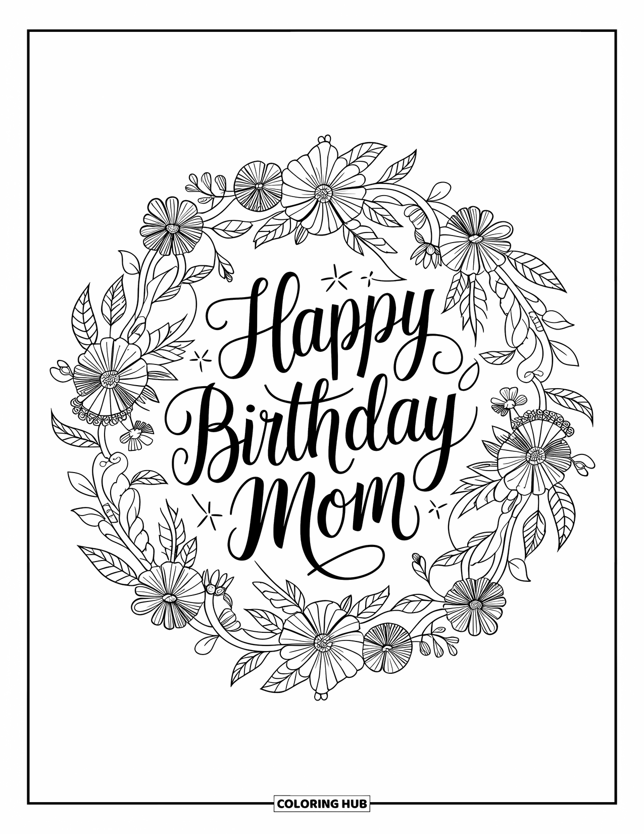 Happy Birthday Mom Coloring Page for Adults: Centered floral mandala with elegant "Happy Birthday Mom" hand-lettered below